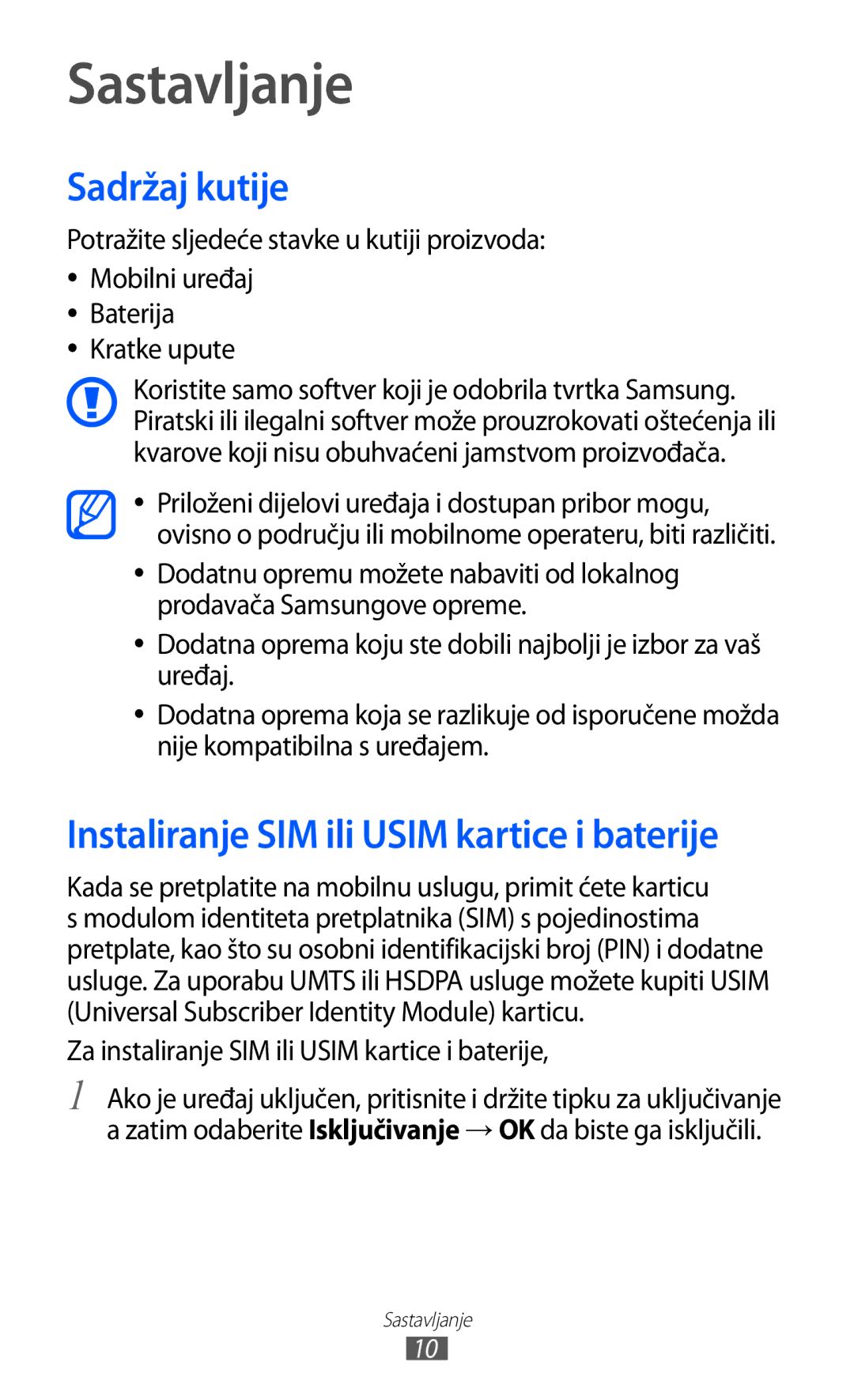 Samsung GT-S6102SKATRA, GT-S6102SKASMO manual Sastavljanje, Sadržaj kutije, Instaliranje SIM ili Usim kartice i baterije 