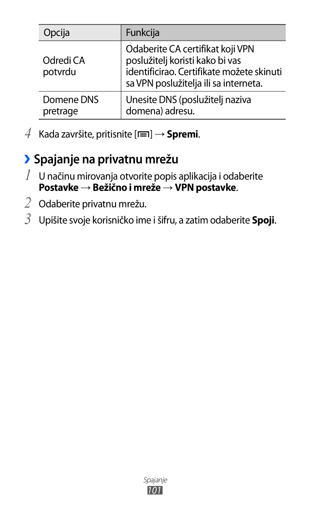 Samsung GT-S6102SKASMO ››Spajanje na privatnu mrežu, Postavke → Bežično i mreže → VPN postavke, Odaberite privatnu mrežu 