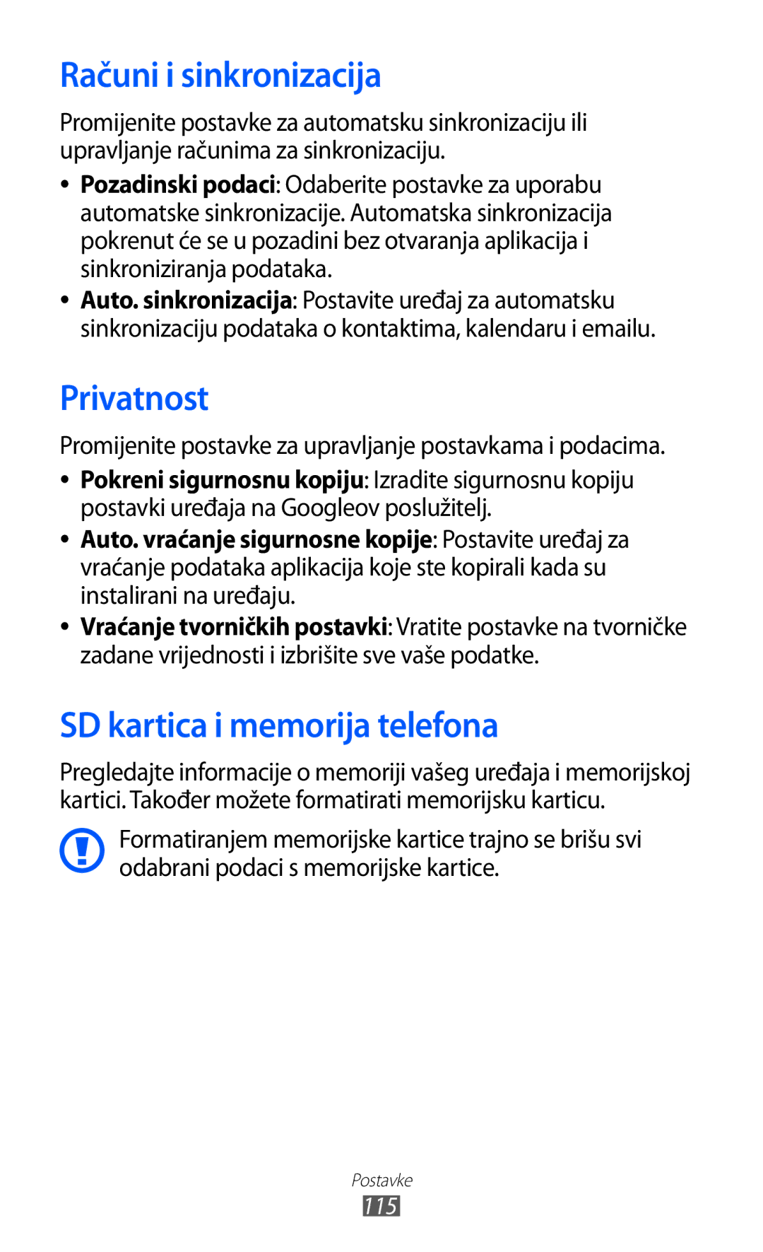 Samsung GT-S6102SKATRA, GT-S6102SKASMO, GT-S6102TKATRA Računi i sinkronizacija, Privatnost, SD kartica i memorija telefona 