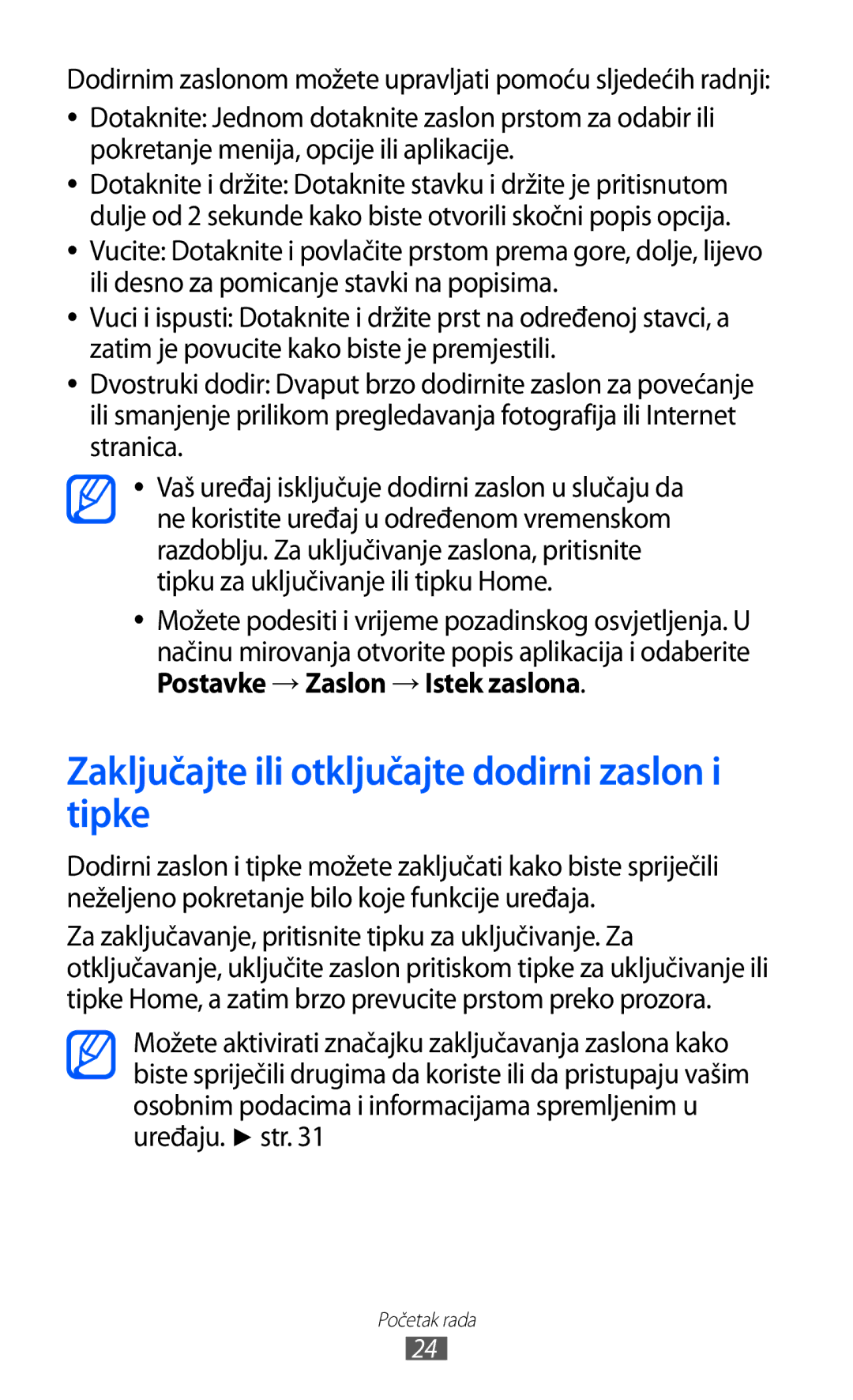 Samsung GT-S6102SKATSR manual Zaključajte ili otključajte dodirni zaslon i tipke, Postavke → Zaslon → Istek zaslona 