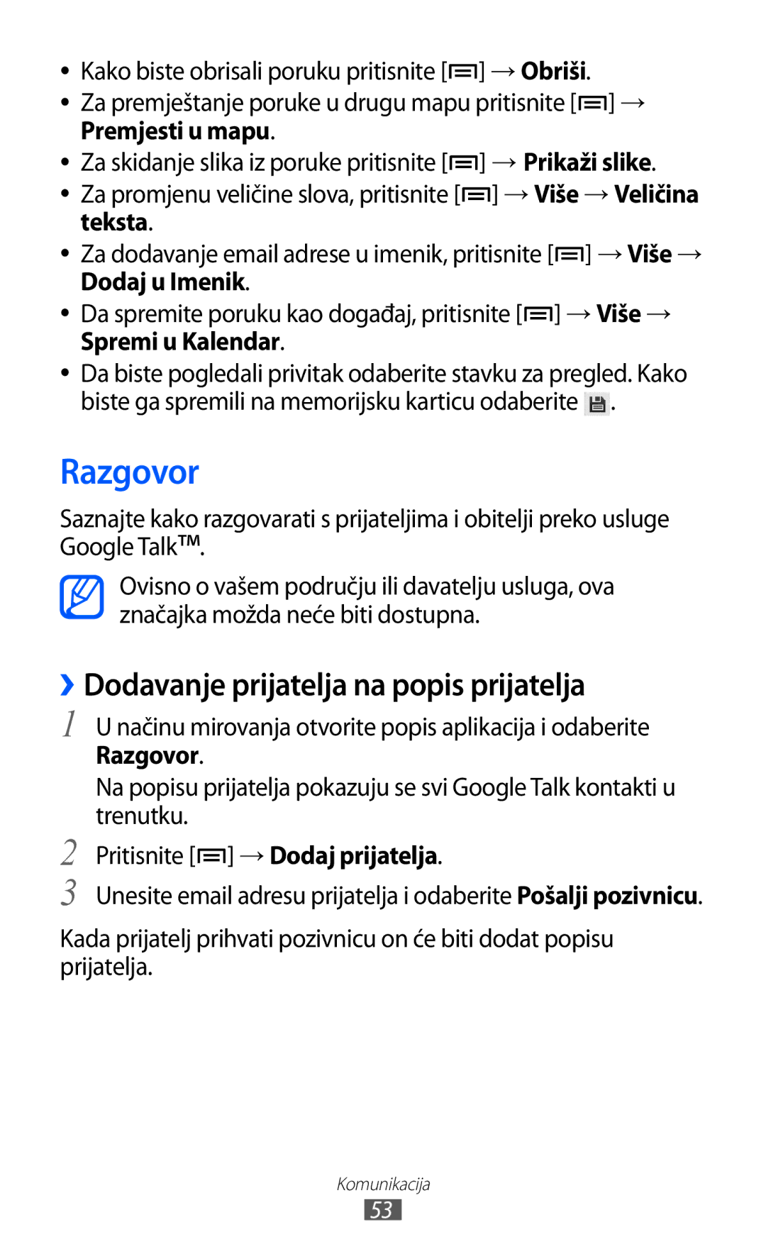 Samsung GT-S6102TKATWO Razgovor, ››Dodavanje prijatelja na popis prijatelja, Dodaj u Imenik, Pritisnite → Dodaj prijatelja 