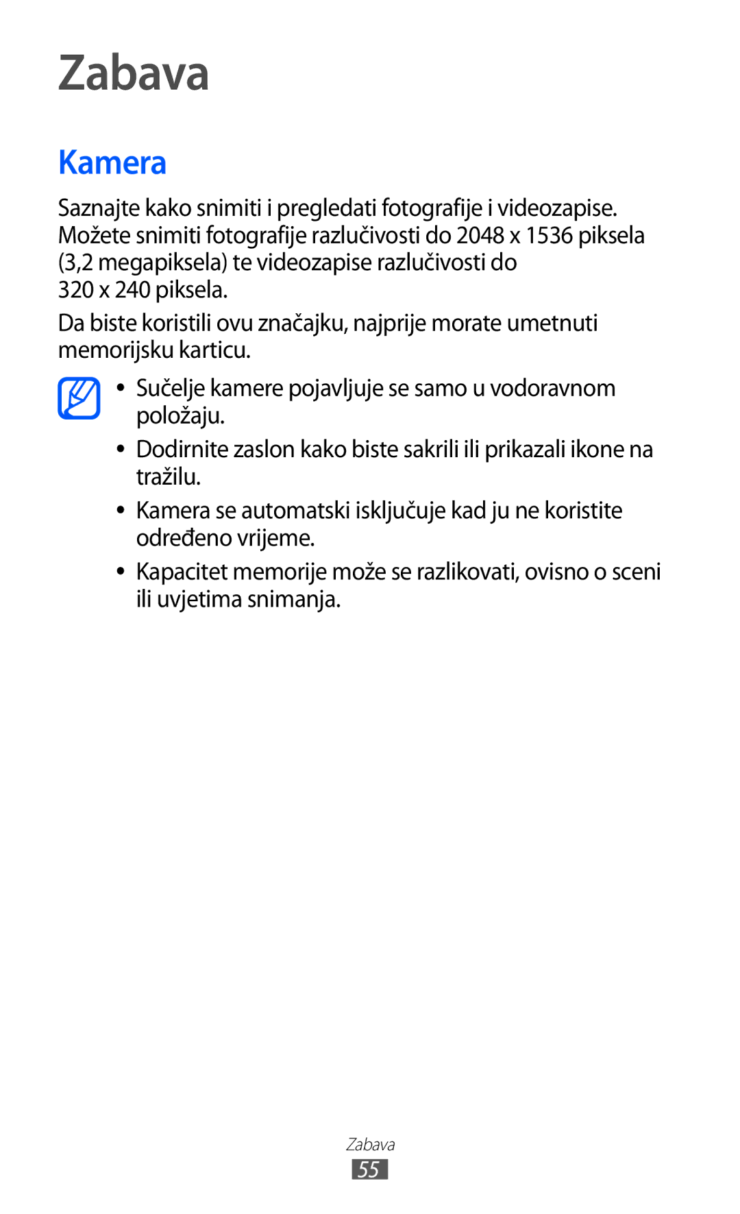 Samsung GT-S6102SKATRA, GT-S6102SKASMO, GT-S6102TKATRA, GT-S6102TKATWO, GT-S6102SKATSR manual Zabava, Kamera 