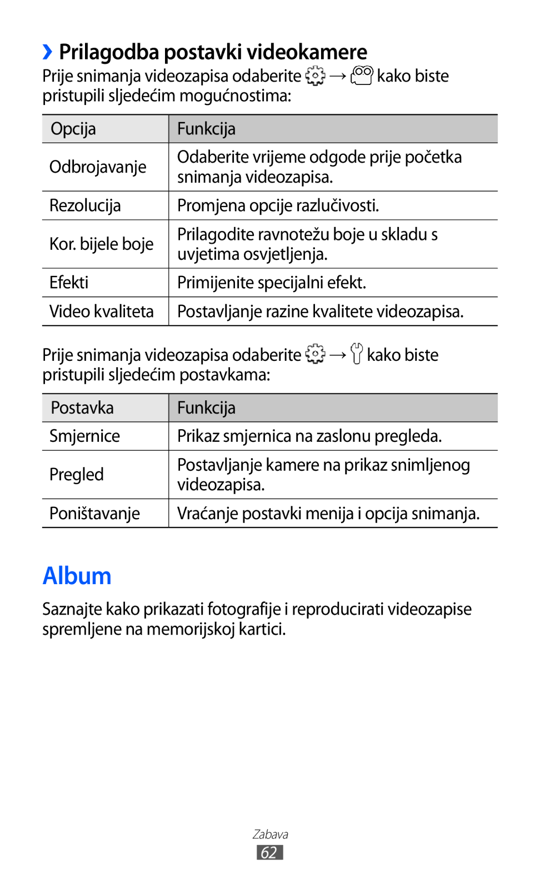 Samsung GT-S6102TKATRA Album, Prilagodba postavki videokamere, Uvjetima osvjetljenja Efekti, Video kvaliteta, Videozapisa 