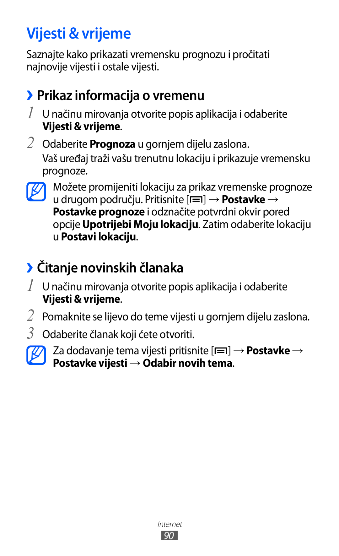 Samsung GT-S6102SKATRA, GT-S6102SKASMO manual Vijesti & vrijeme, ››Prikaz informacija o vremenu, ››Čitanje novinskih članaka 