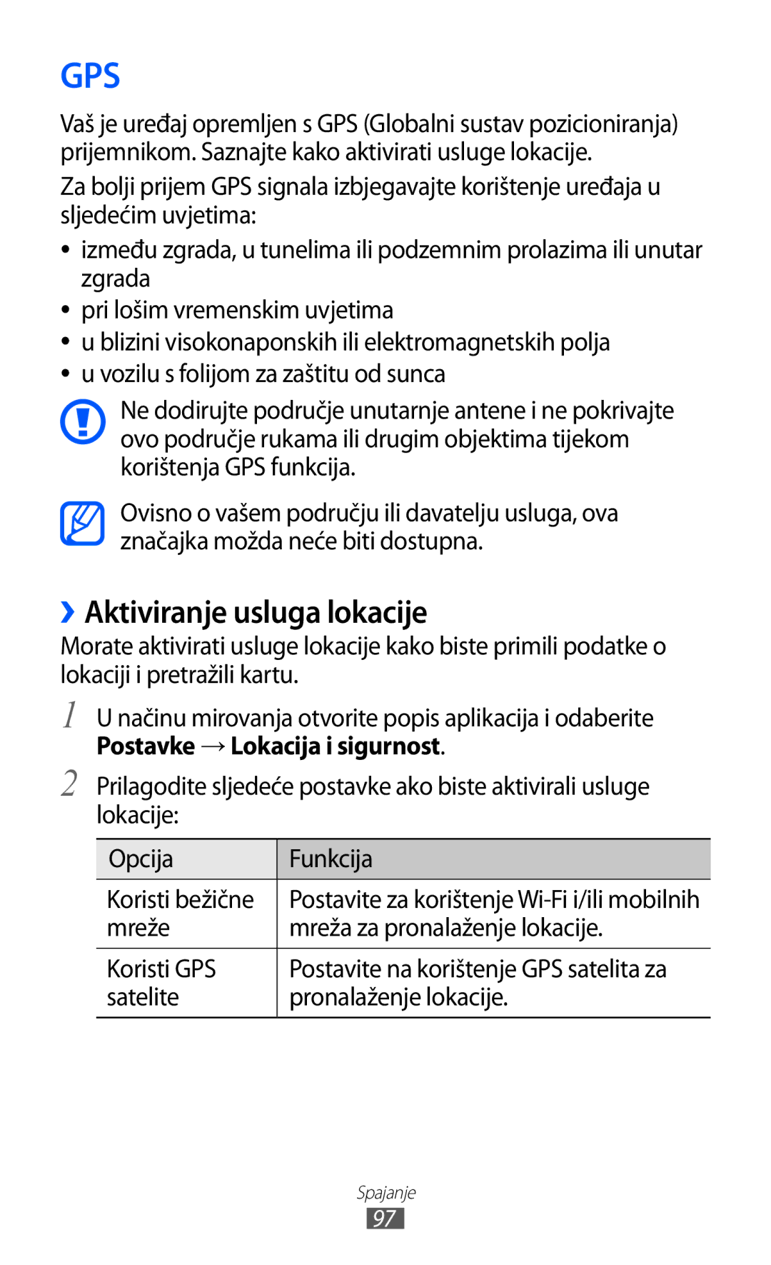 Samsung GT-S6102TKATRA, GT-S6102SKATRA ››Aktiviranje usluga lokacije, Mreže Mreža za pronalaženje lokacije Koristi GPS 