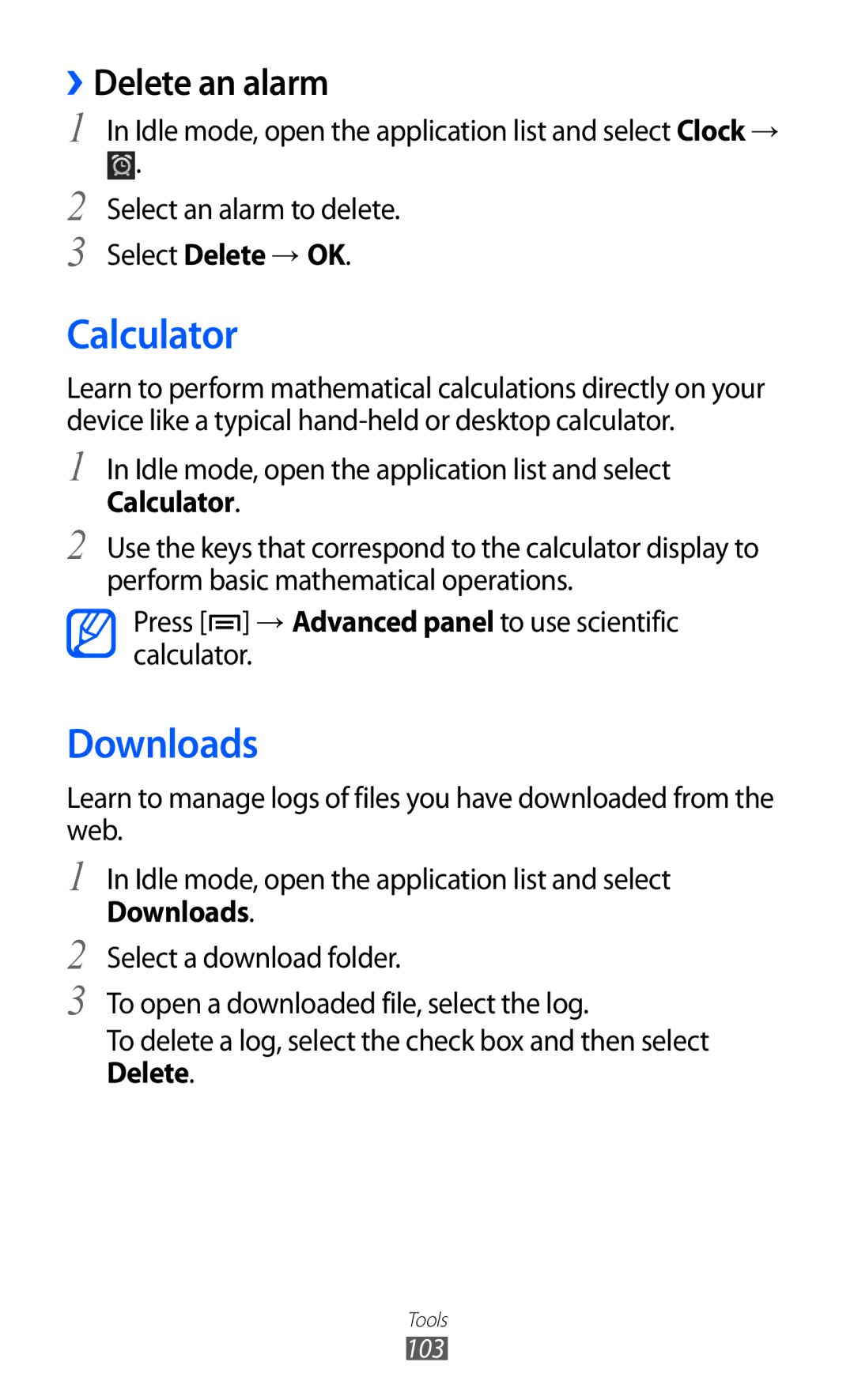 Samsung GT-S6102TIASER, GT-S6102UWATUR, GT-S6102SKAATO manual Calculator, Downloads, ››Delete an alarm, Select Delete → OK 