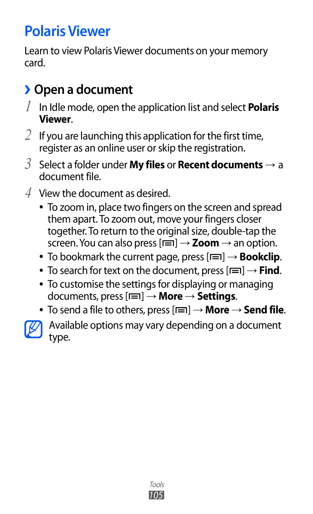 Samsung GT-S6102TKASER, GT-S6102UWATUR ››Open a document, Learn to view Polaris Viewer documents on your memory card 