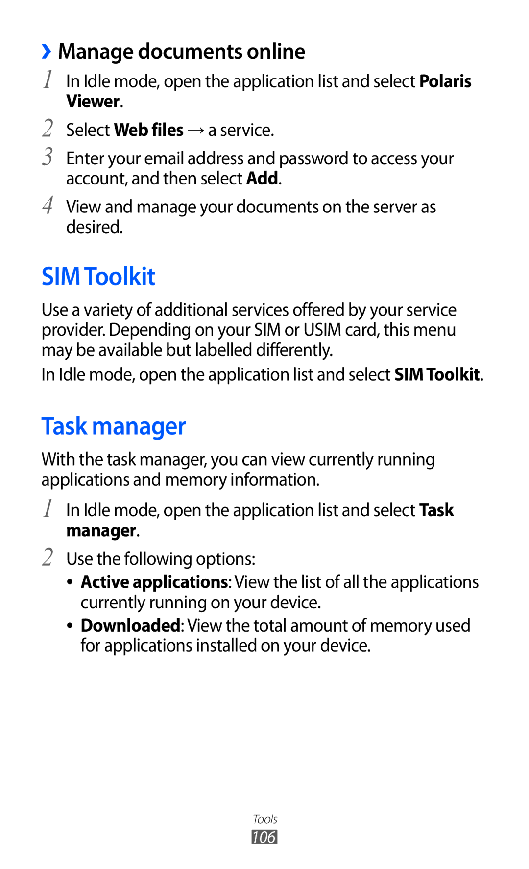 Samsung GT-S6102UWASVZ, GT-S6102UWATUR, GT-S6102SKAATO manual SIM Toolkit, Task manager, ››Manage documents online, Viewer 