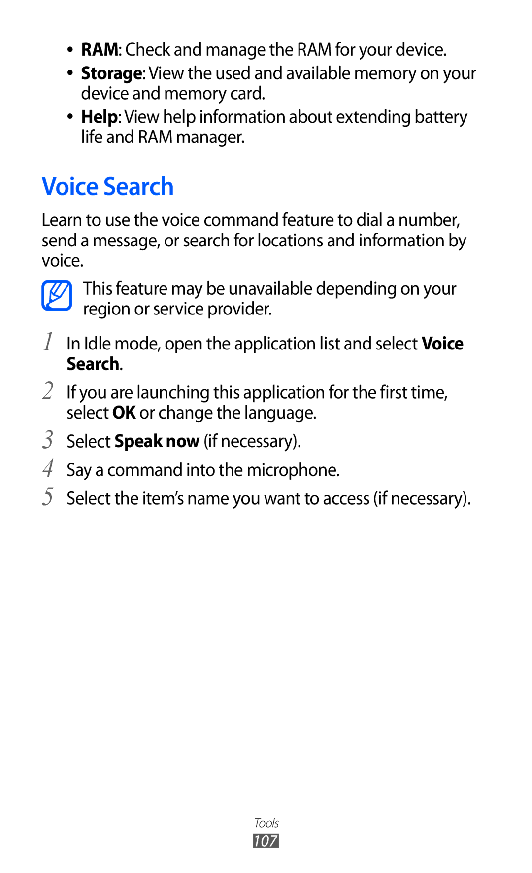 Samsung GT-S6102UWATUR, GT-S6102SKAATO, GT-S6102SKATMN, GT-S6102SKADBT, GT-S6102UWADBT, GT-S6102SKATUR manual Voice Search 