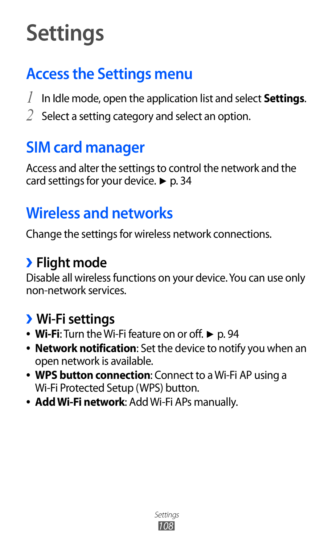 Samsung GT-S6102SKAATO, GT-S6102UWATUR manual Access the Settings menu, SIM card manager, Wireless and networks 