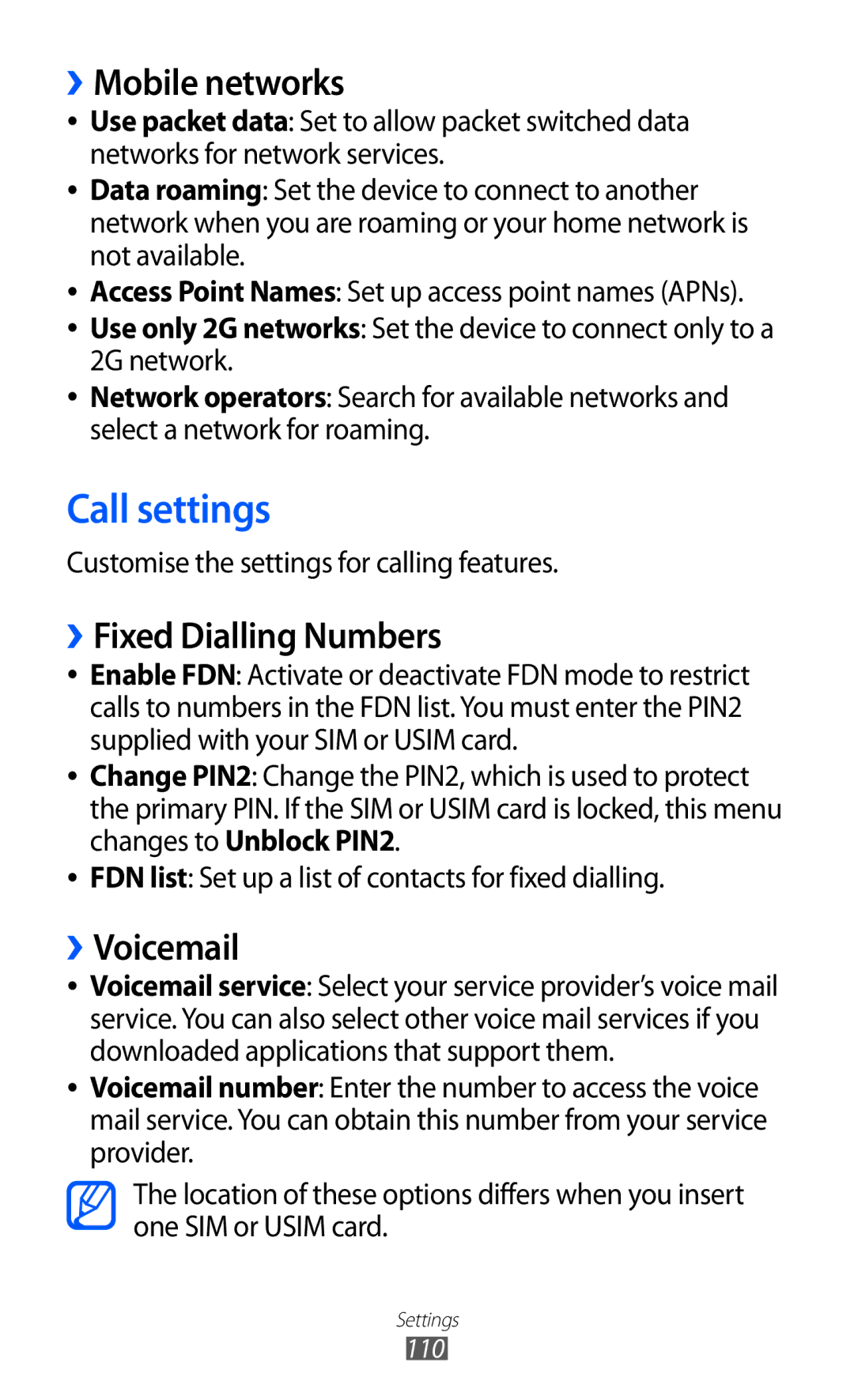 Samsung GT-S6102SKADBT, GT-S6102UWATUR manual Call settings, ››Mobile networks, ››Fixed Dialling Numbers, ››Voicemail 