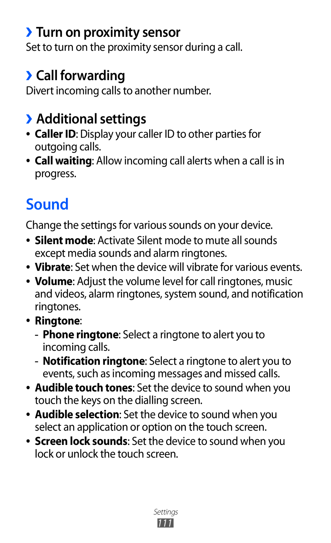 Samsung GT-S6102UWADBT manual Sound, ››Turn on proximity sensor, ››Call forwarding, ››Additional settings, Ringtone 