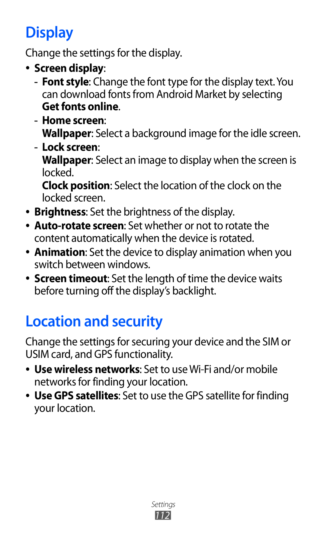 Samsung GT-S6102SKATUR, GT-S6102UWATUR manual Display, Location and security, Screen display, Home screen, Lock screen 