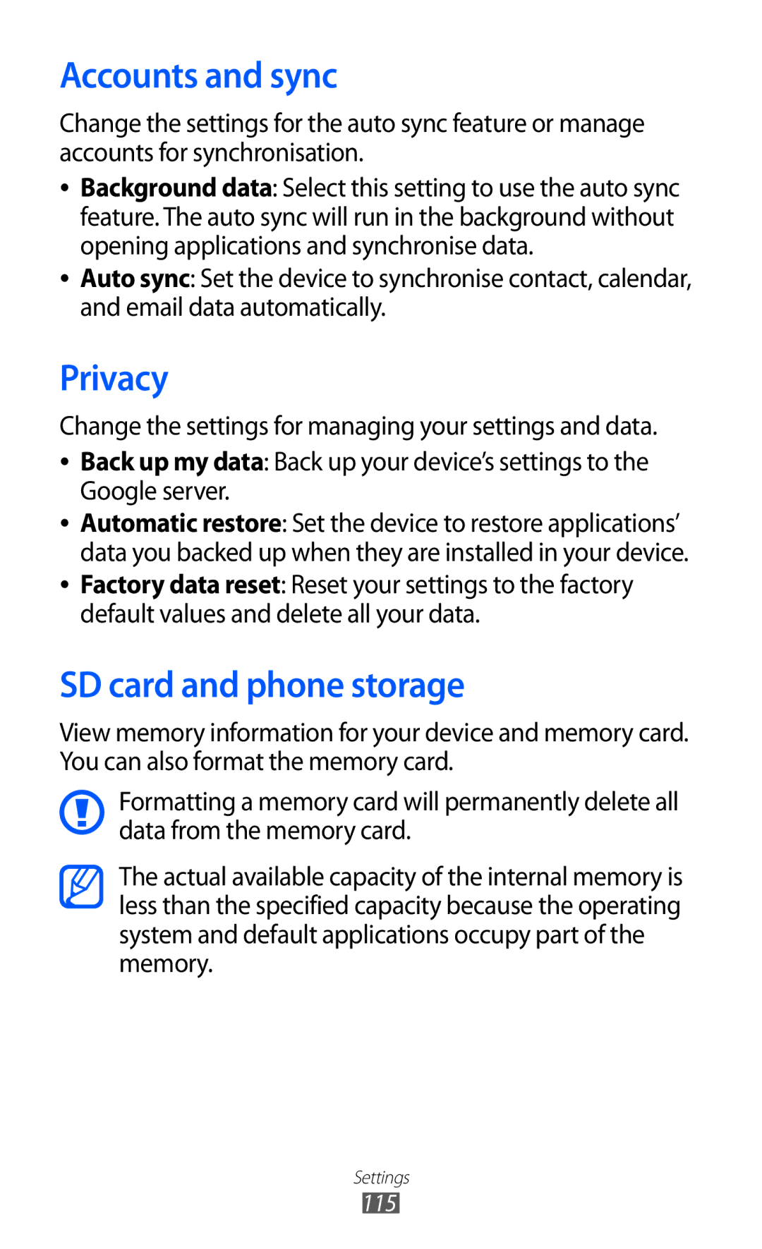 Samsung GT-S6102SKAEUR, GT-S6102UWATUR, GT-S6102SKAATO, GT-S6102SKATMN Accounts and sync, Privacy, SD card and phone storage 