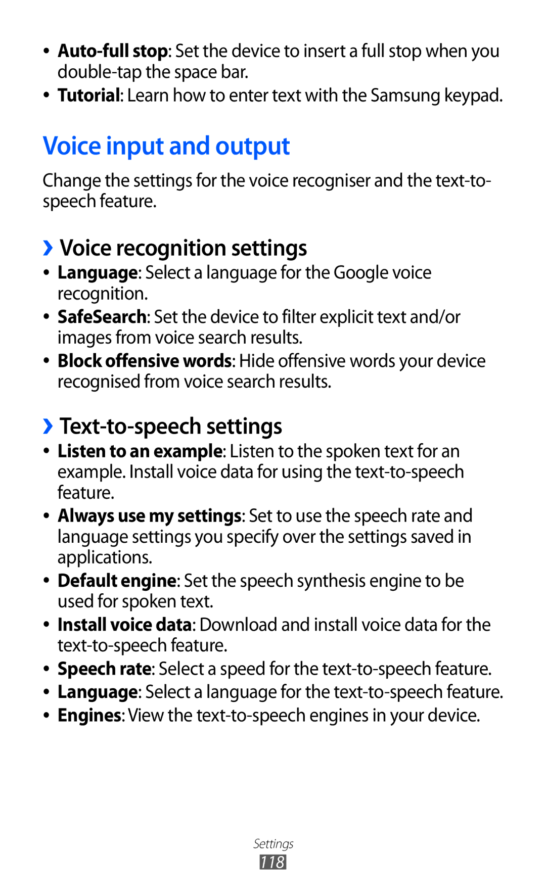 Samsung GT-S6102UWAXEF, GT-S6102UWATUR Voice input and output, ››Voice recognition settings, ››Text-to-speech settings 