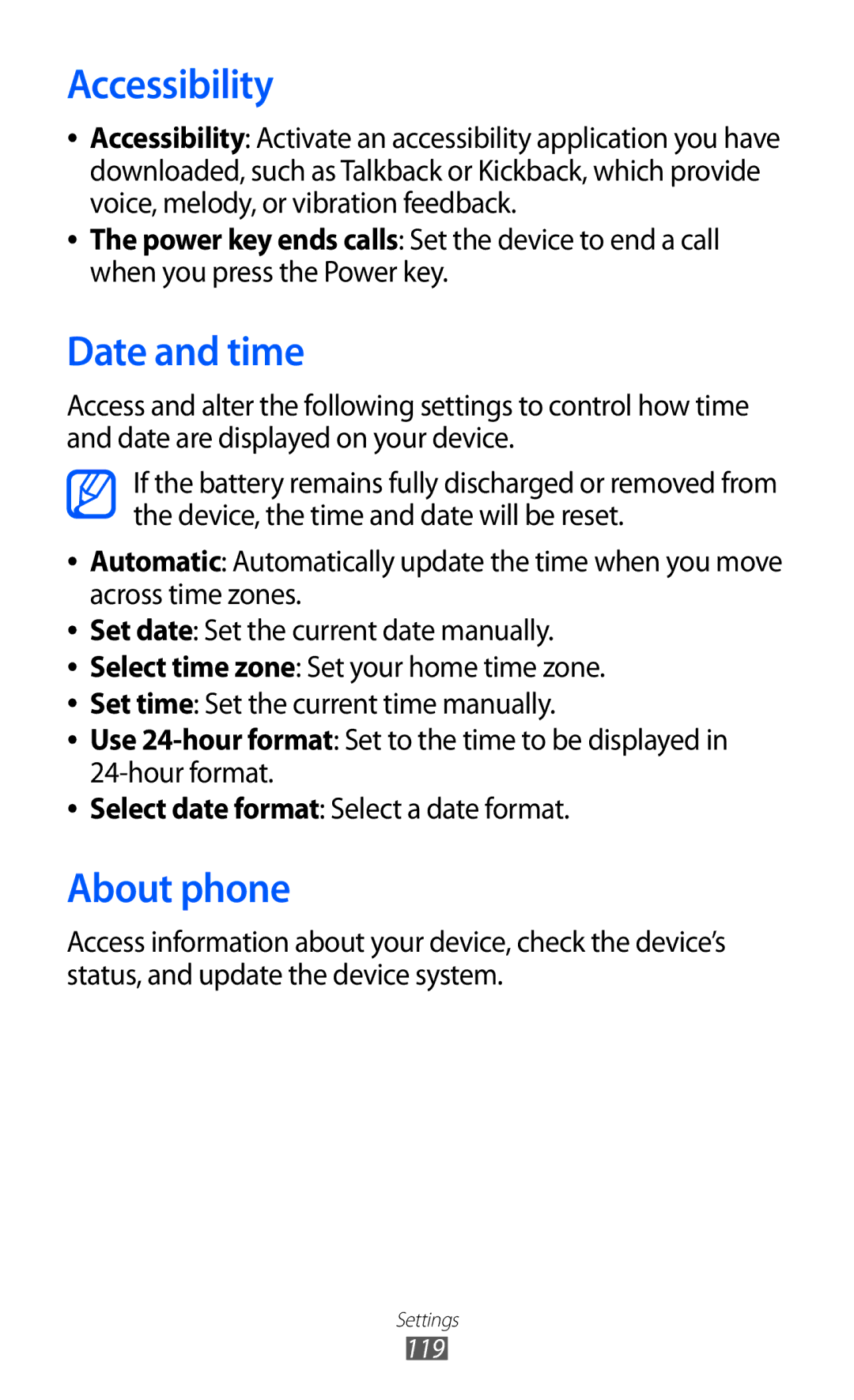 Samsung GT-S6102SKAXEF, GT-S6102UWATUR, GT-S6102SKAATO, GT-S6102SKATMN manual Accessibility, Date and time, About phone 