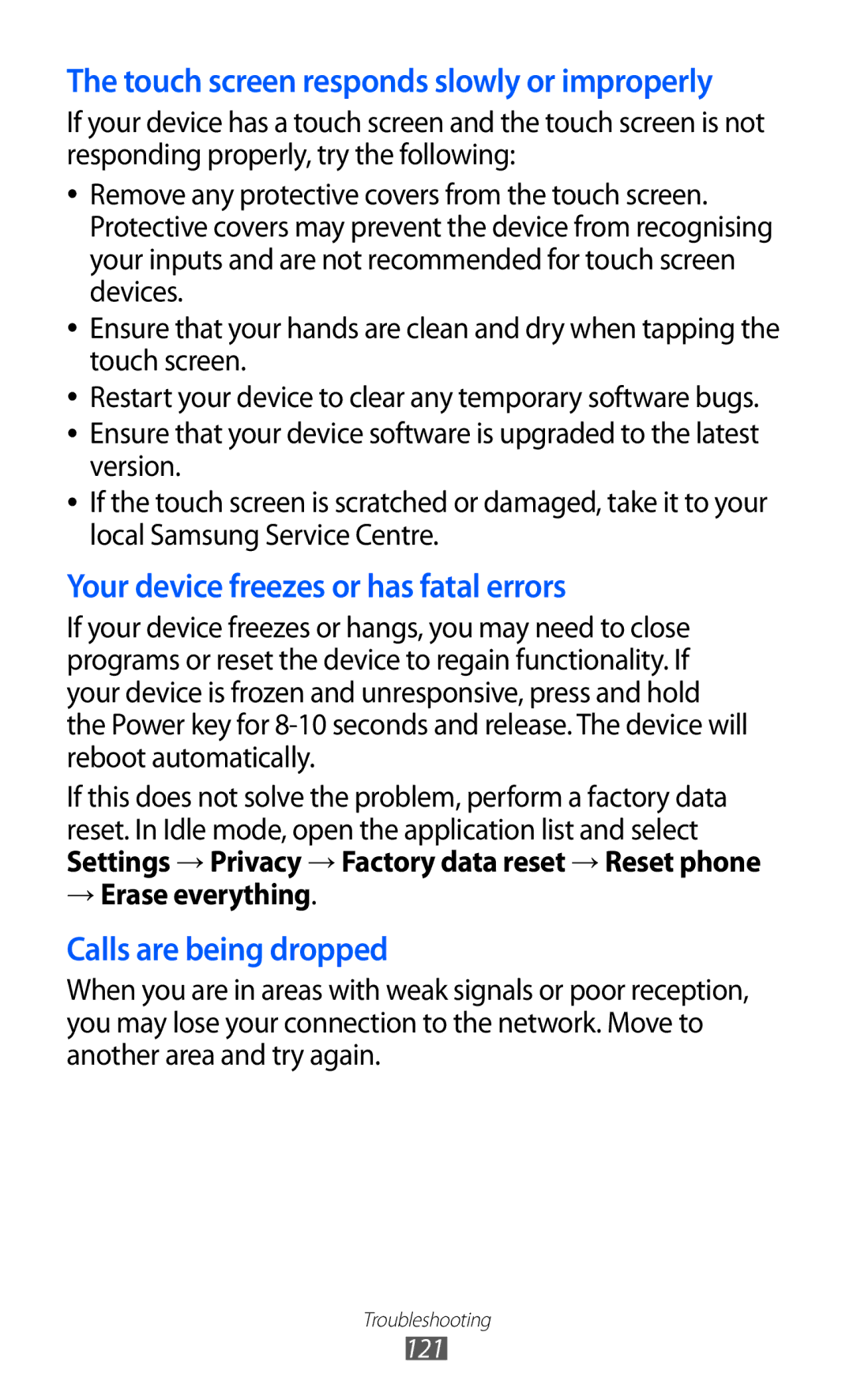 Samsung GT-S6102SKAPHE, GT-S6102UWATUR, GT-S6102SKAATO manual Touch screen responds slowly or improperly, → Erase everything 