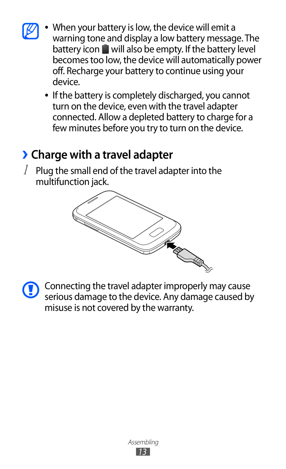 Samsung GT-S6102UWAPHE, GT-S6102UWATUR, GT-S6102SKAATO, GT-S6102SKATMN, GT-S6102SKADBT manual ››Charge with a travel adapter 