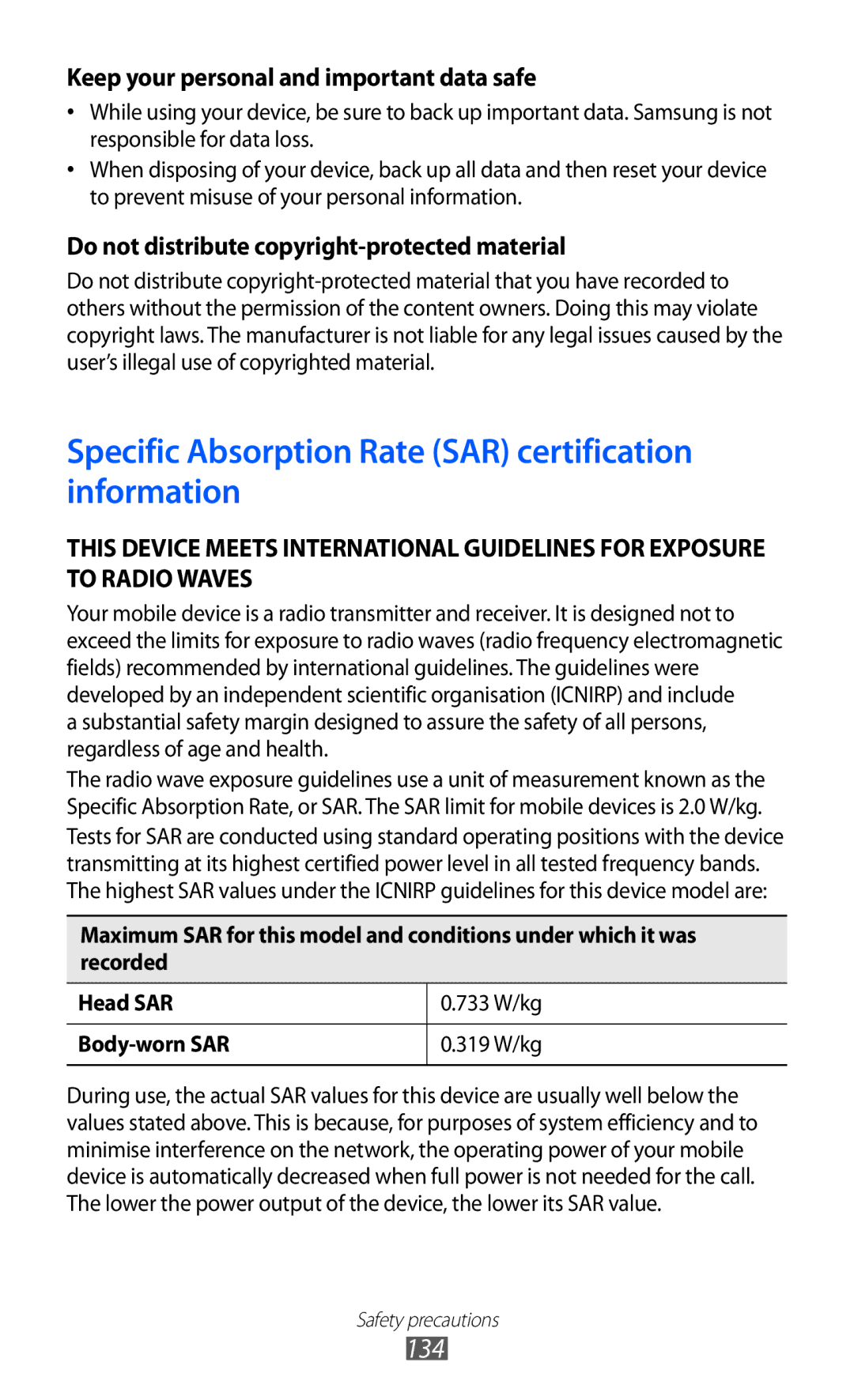 Samsung GT-S6102TKAXSG, GT-S6102UWATUR, GT-S6102SKAATO manual Specific Absorption Rate SAR certification information 