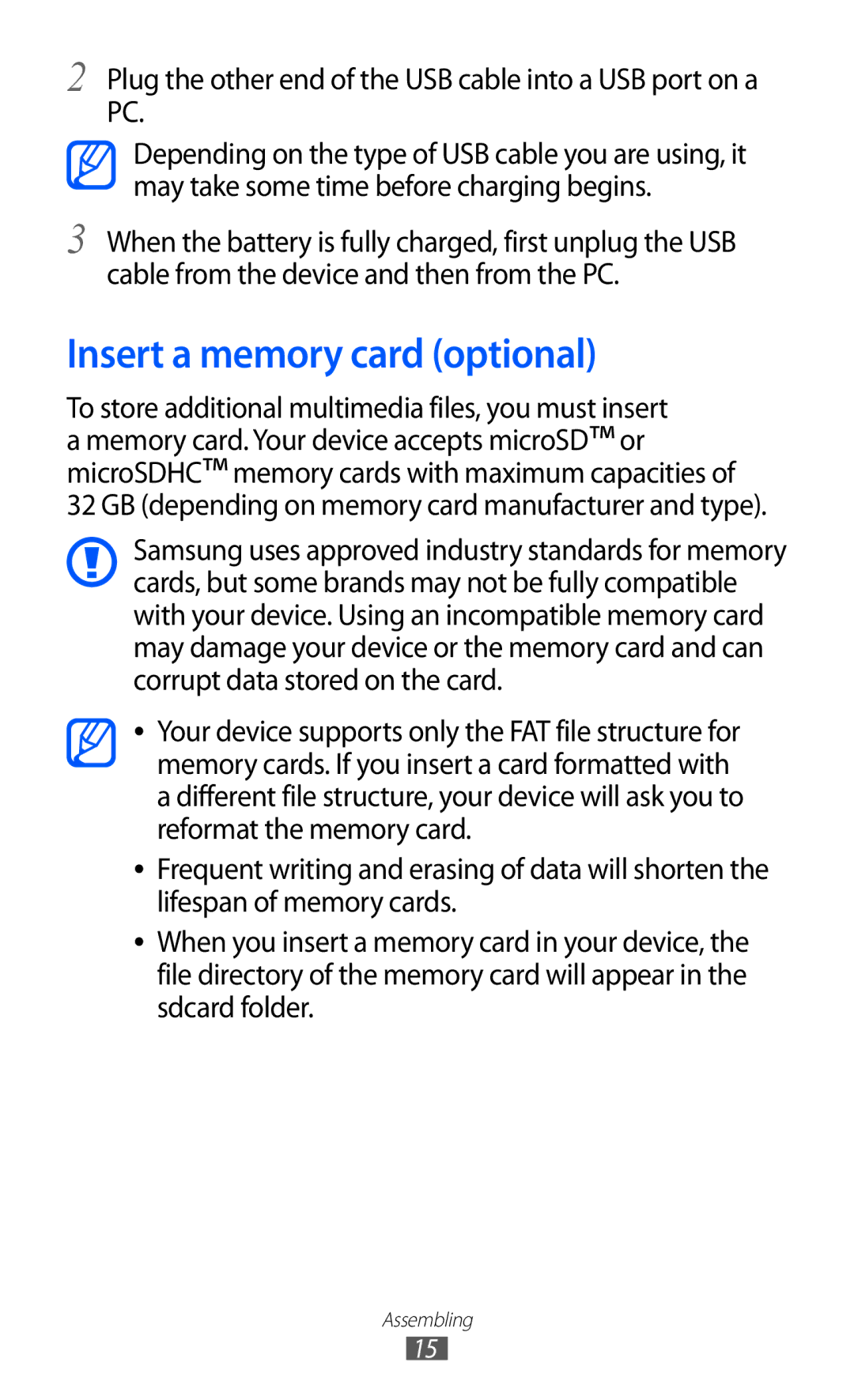 Samsung GT-S6102TKAPHE manual Insert a memory card optional, Plug the other end of the USB cable into a USB port on a PC 