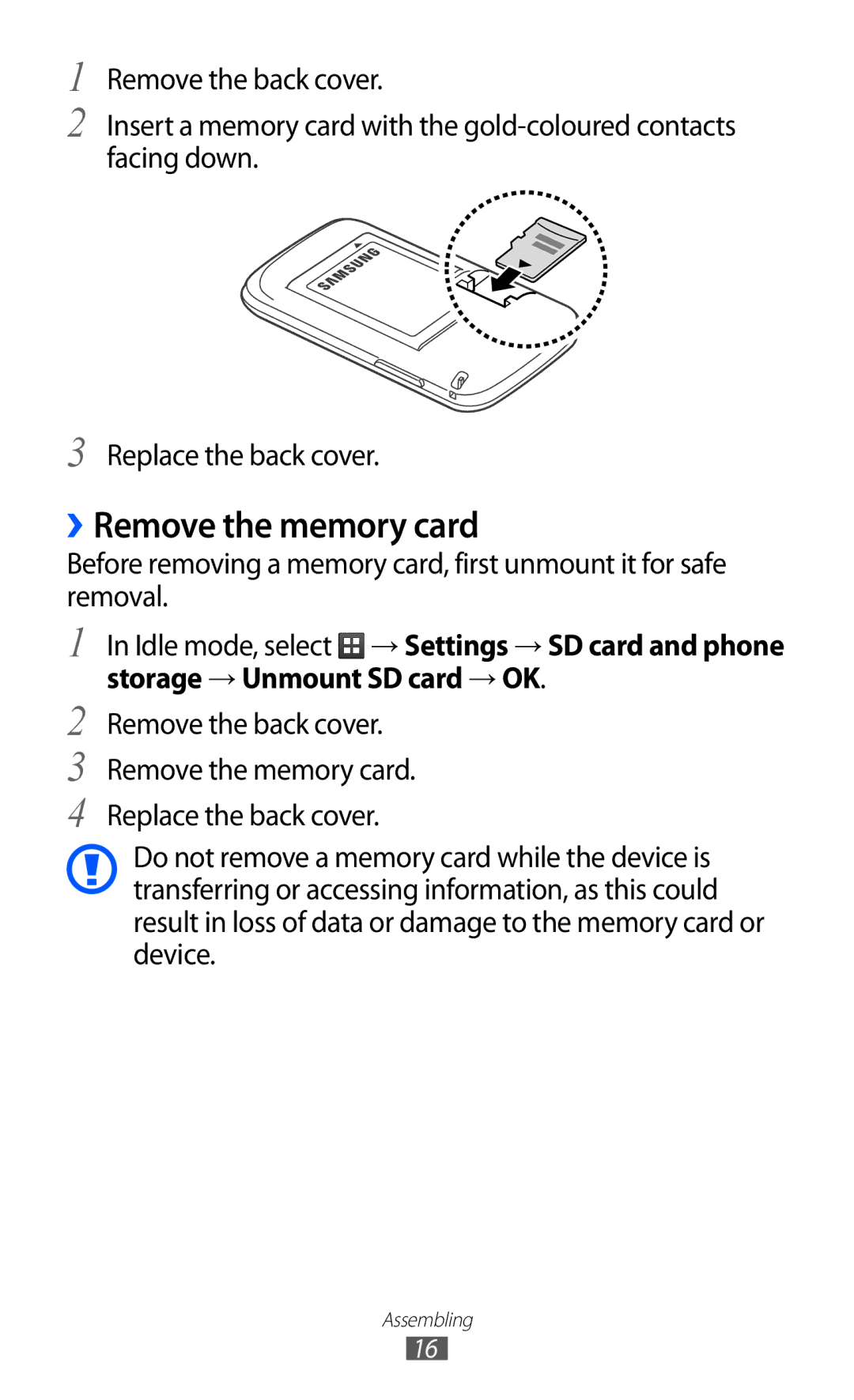 Samsung GT-S6102SKACOA, GT-S6102UWATUR, GT-S6102SKAATO, GT-S6102SKATMN, GT-S6102SKADBT manual ››Remove the memory card 