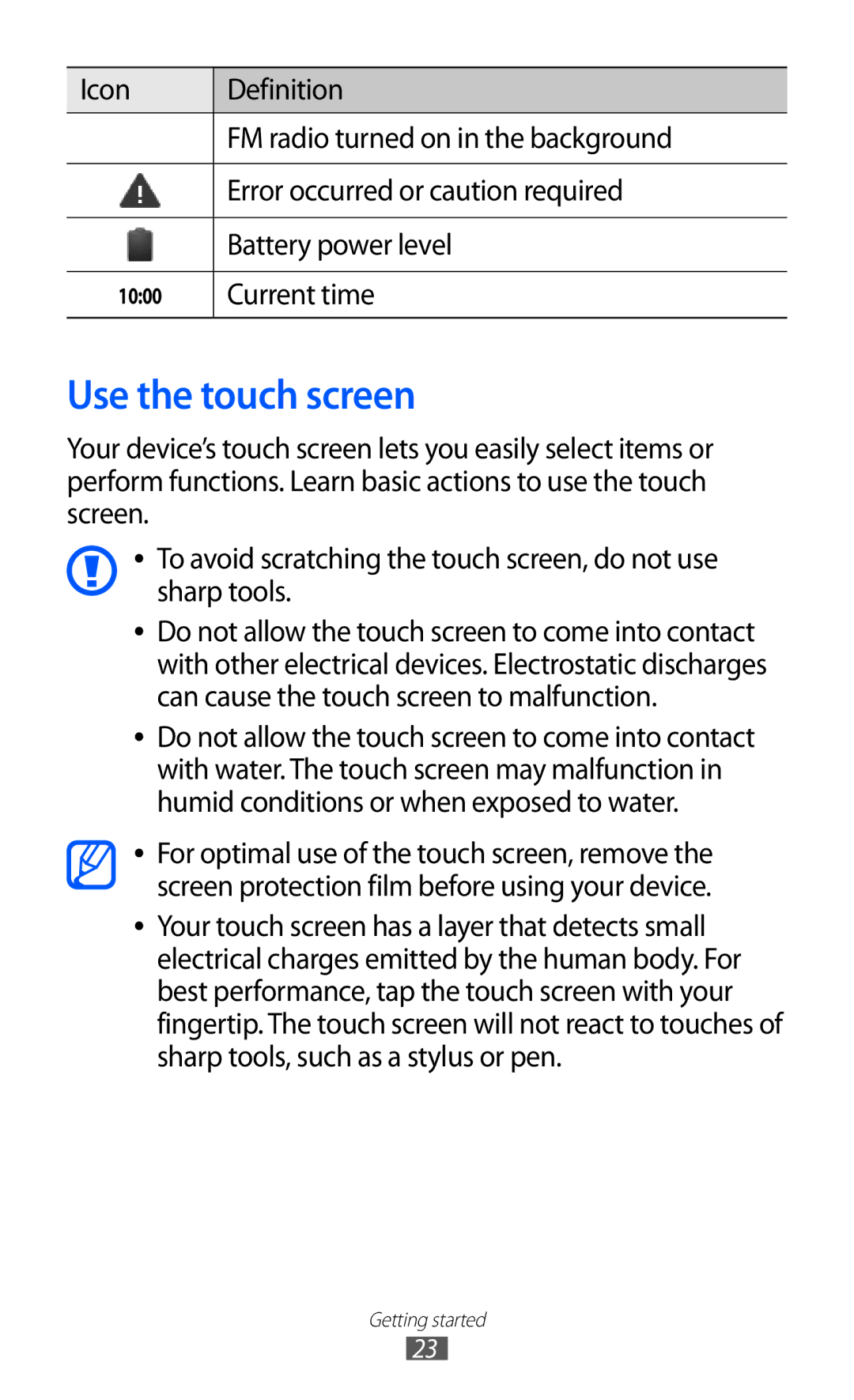 Samsung GT-S6102SKAAFR, GT-S6102UWATUR, GT-S6102SKAATO, GT-S6102SKATMN, GT-S6102SKADBT Use the touch screen, Current time 