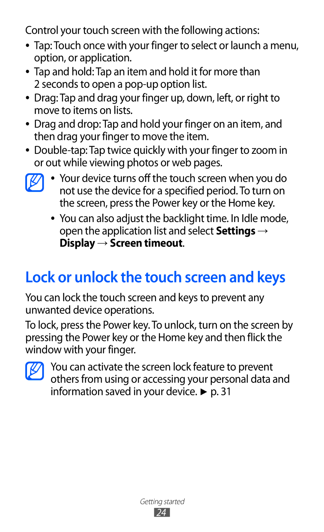 Samsung GT-S6102TKAJED, GT-S6102UWATUR, GT-S6102SKAATO, GT-S6102SKATMN manual Lock or unlock the touch screen and keys 