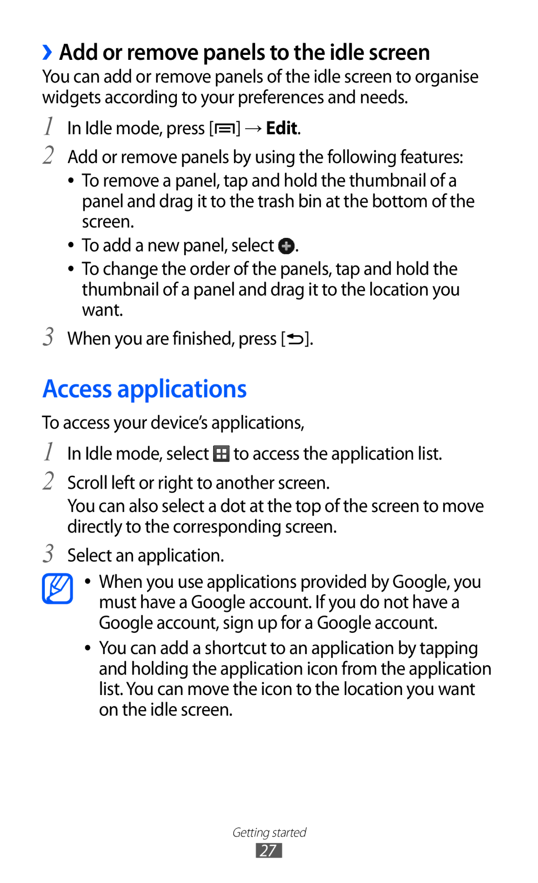 Samsung GT-S6102TKAXSG, GT-S6102UWATUR, GT-S6102SKAATO manual Access applications, ››Add or remove panels to the idle screen 