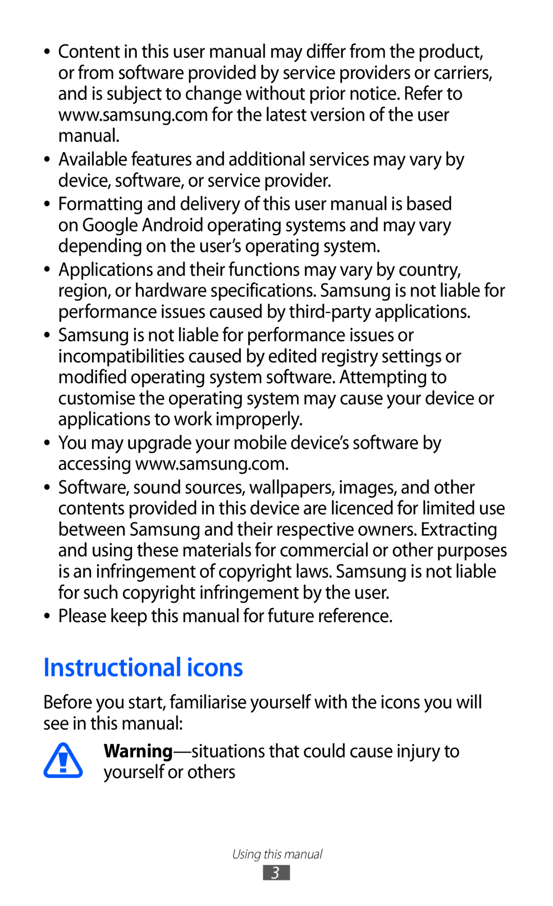 Samsung GT-S6102SKADBT, GT-S6102UWATUR, GT-S6102SKAATO Instructional icons, Please keep this manual for future reference 