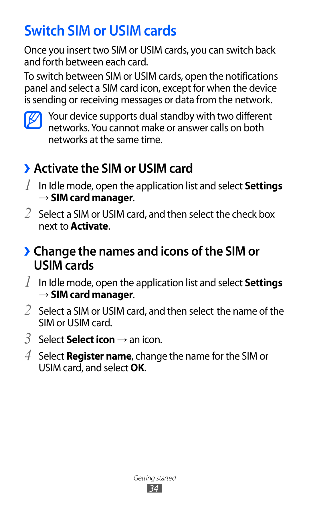 Samsung GT-S6102UWAMID, GT-S6102UWATUR manual Switch SIM or Usim cards, ››Activate the SIM or Usim card, → SIM card manager 