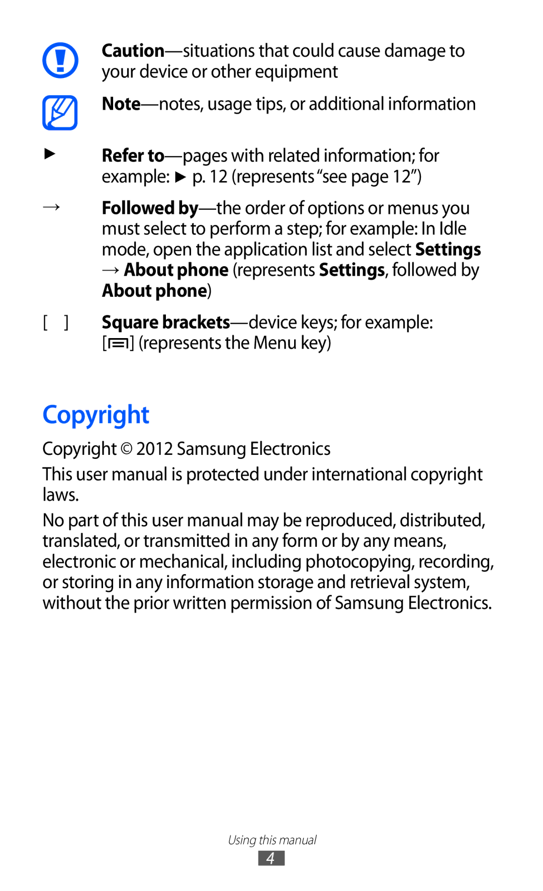 Samsung GT-S6102UWADBT, GT-S6102UWATUR, GT-S6102SKAATO manual Represents the Menu key, Copyright 2012 Samsung Electronics 