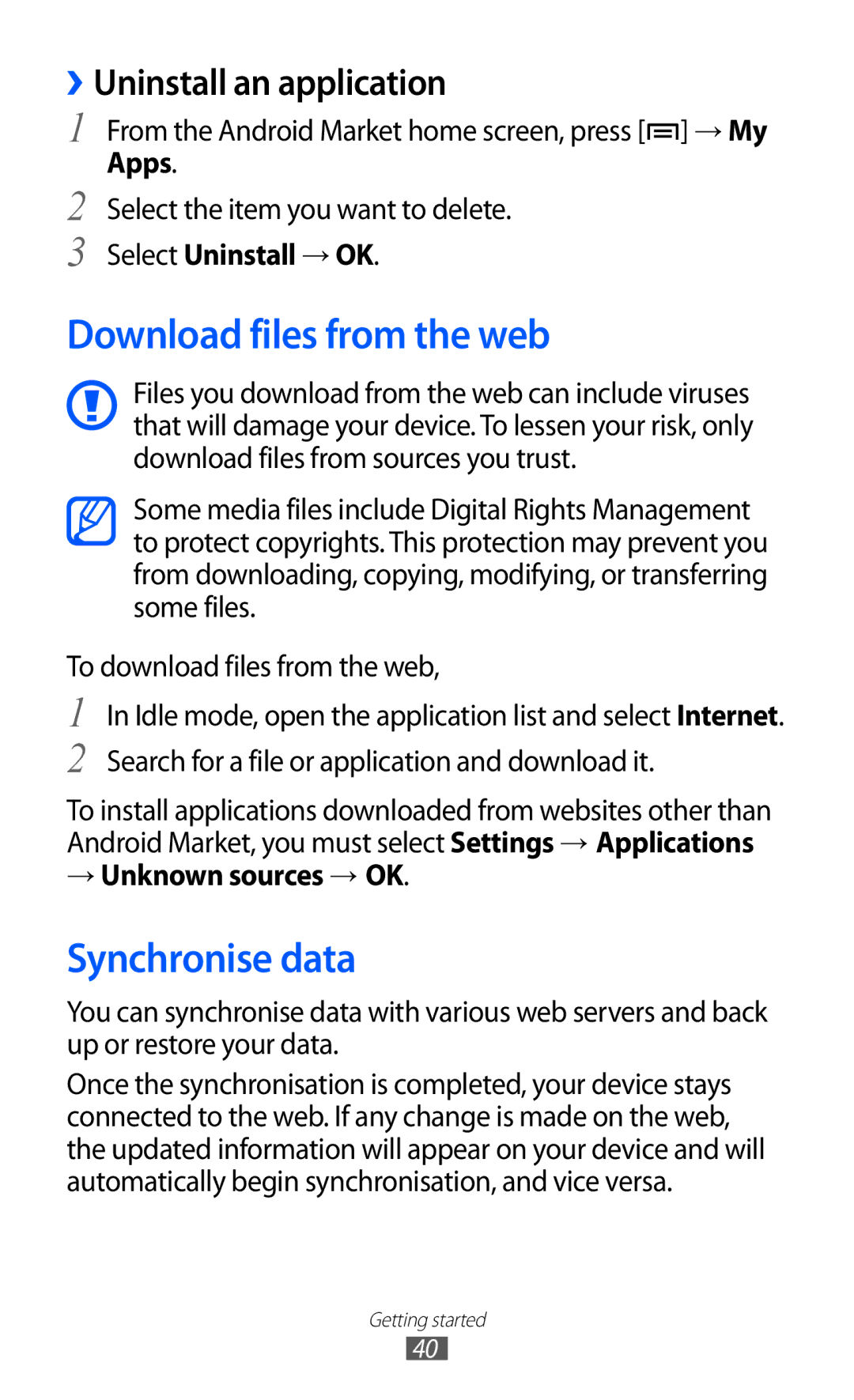 Samsung GT-S6102UWAABS, GT-S6102UWATUR manual Download files from the web, Synchronise data, ››Uninstall an application 