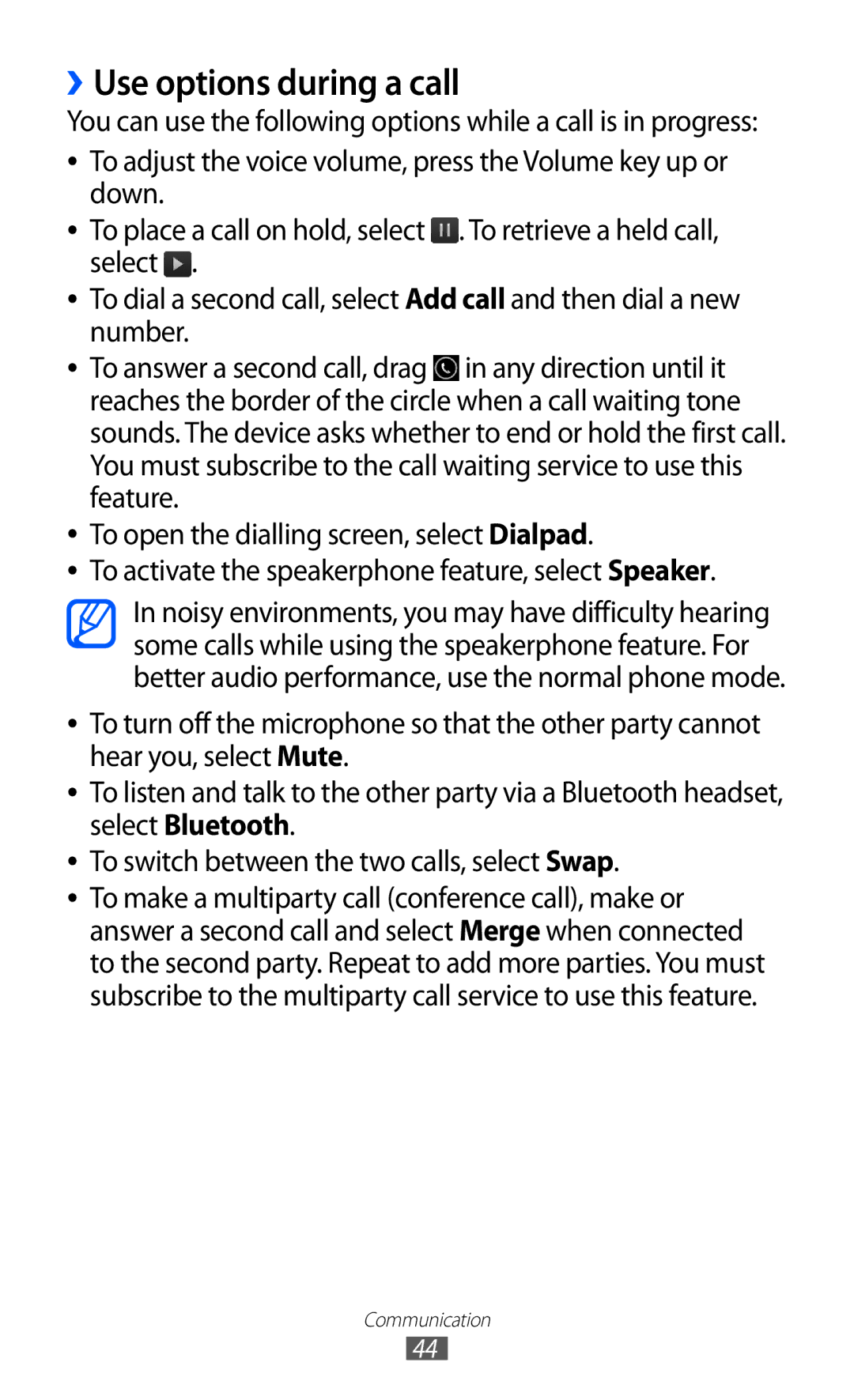 Samsung GT-S6102TKASKZ, GT-S6102UWATUR, GT-S6102SKAATO, GT-S6102SKATMN, GT-S6102SKADBT manual ››Use options during a call 