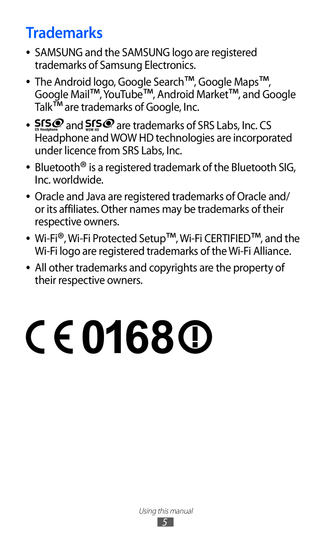 Samsung GT-S6102SKATUR, GT-S6102UWATUR, GT-S6102SKAATO, GT-S6102SKATMN, GT-S6102SKADBT, GT-S6102UWADBT manual Trademarks 