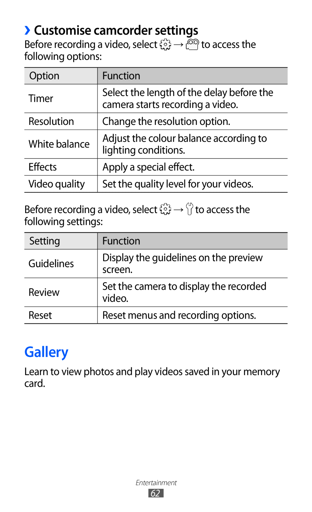 Samsung GT-S6102TKAXXV, GT-S6102UWATUR Gallery, Customise camcorder settings, Before recording a video, select → To access 