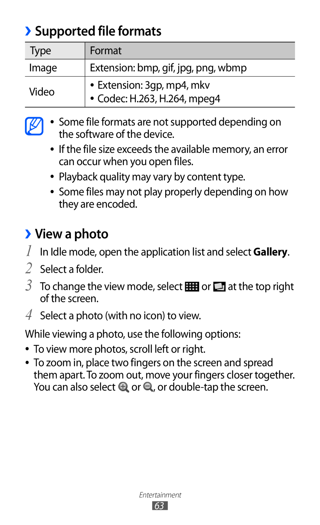 Samsung GT-S6102ALAXEV, GT-S6102UWATUR, GT-S6102SKAATO, GT-S6102SKATMN, GT-S6102SKADBT Supported file formats, ››View a photo 