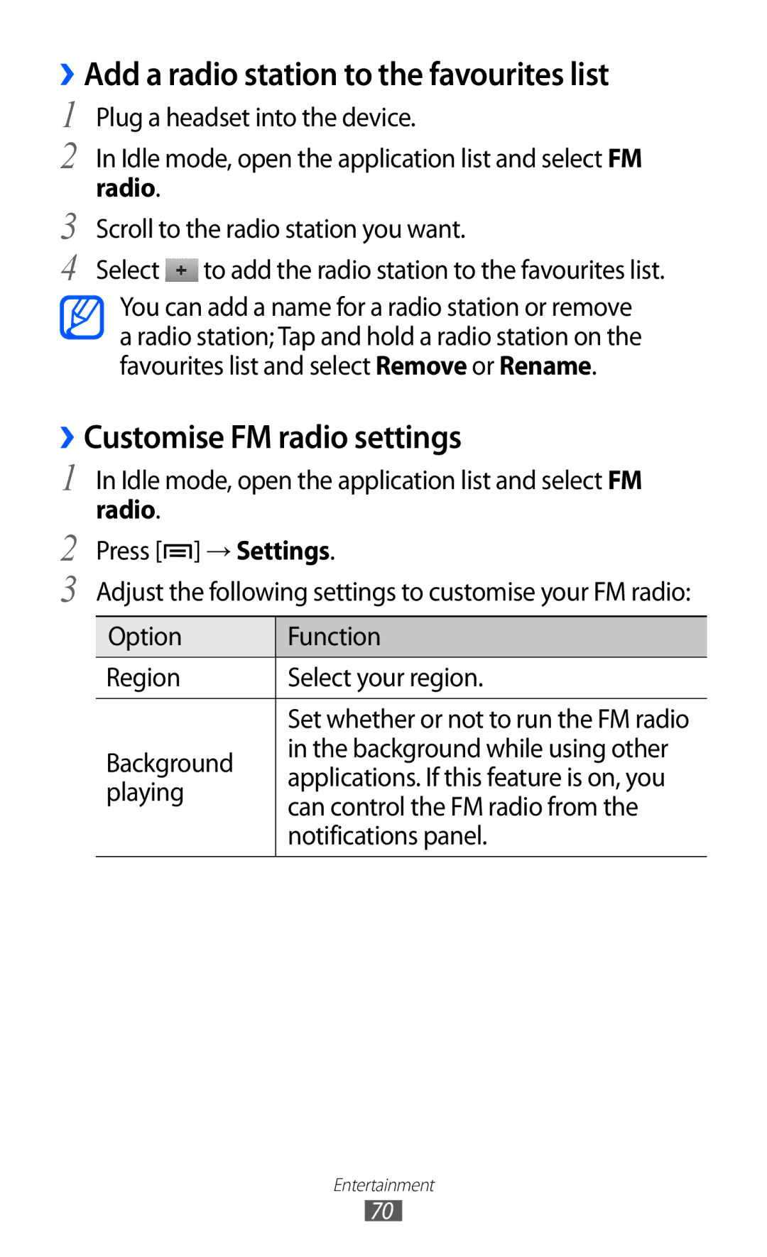 Samsung GT-S6102SKABGL, GT-S6102UWATUR manual ››Add a radio station to the favourites list, ››Customise FM radio settings 