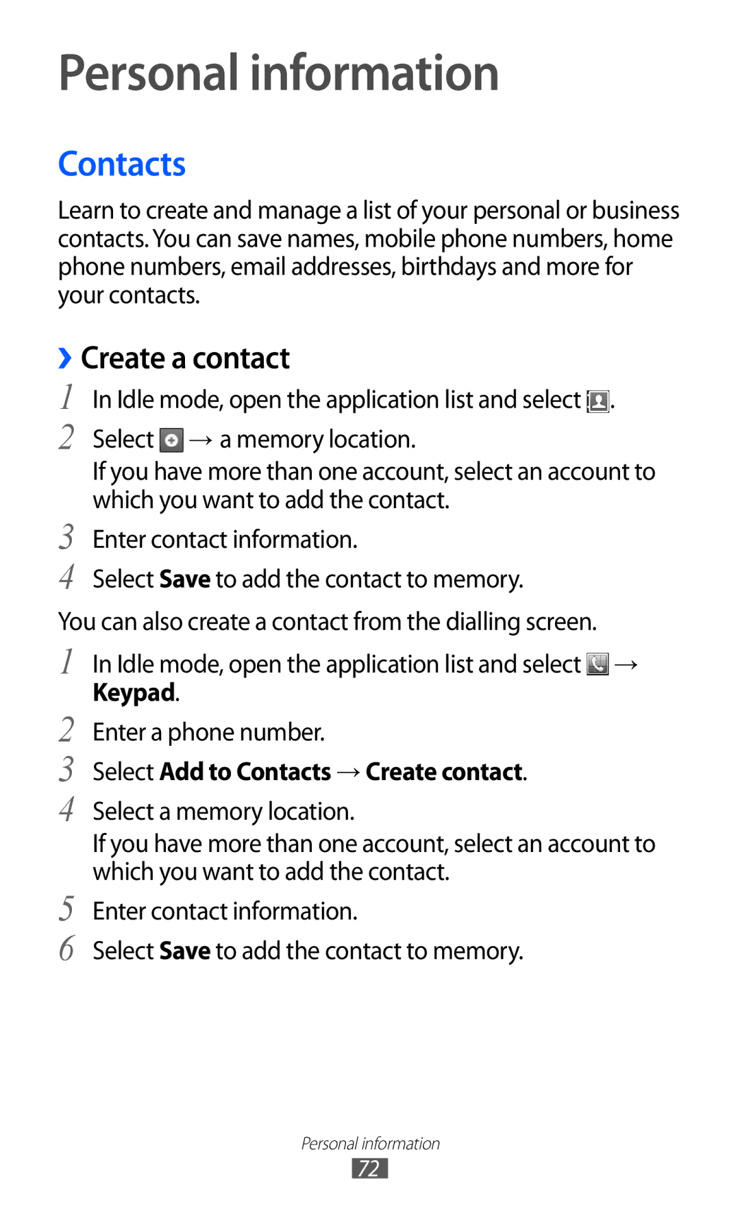 Samsung GT2S6102SKABGL manual Personal information, ››Create a contact, Select Add to Contacts → Create contact 