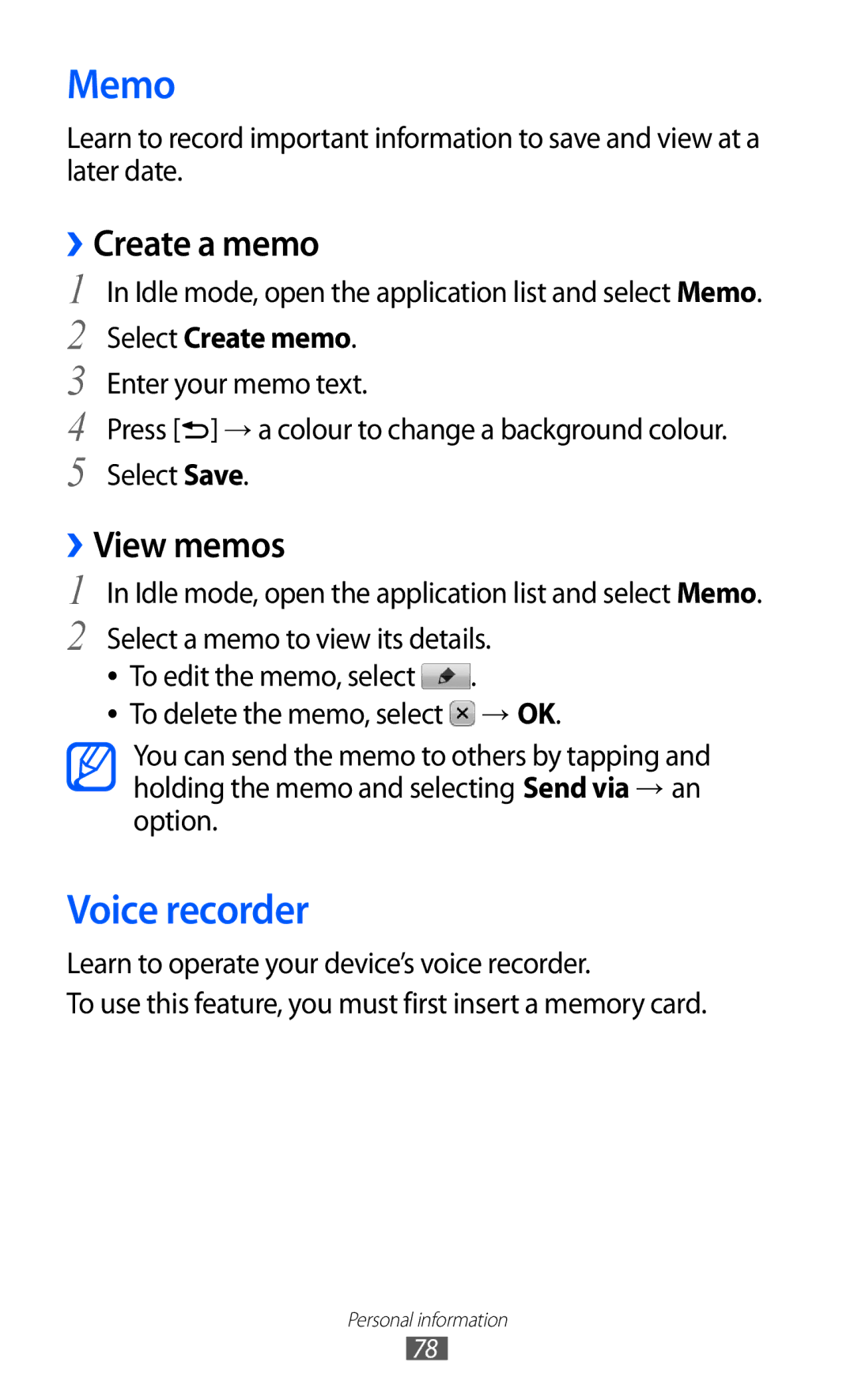 Samsung GT-S6102UWAXSK, GT-S6102UWATUR manual Memo, Voice recorder, ››Create a memo, ››View memos, Select Create memo 