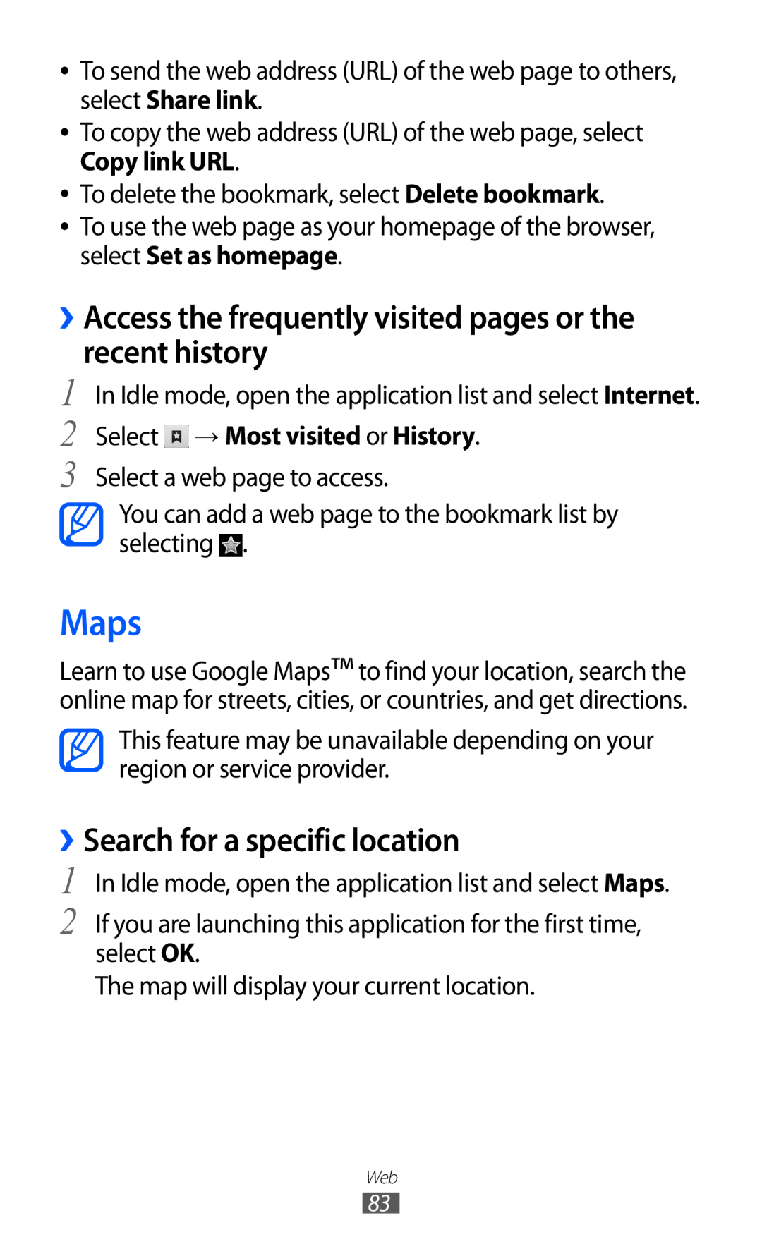 Samsung GT-S6102UWAXEZ Maps, ››Access the frequently visited pages or the recent history, ››Search for a specific location 