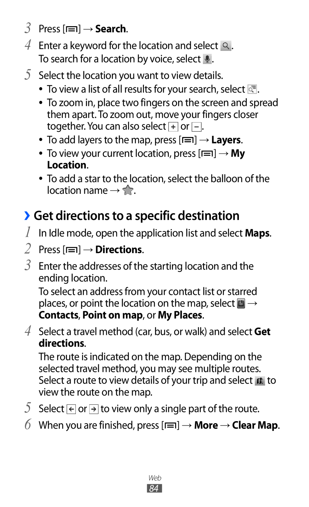 Samsung GT-S6102TKAXEZ, GT-S6102UWATUR, GT-S6102SKAATO manual ››Get directions to a specific destination, Press → Search 