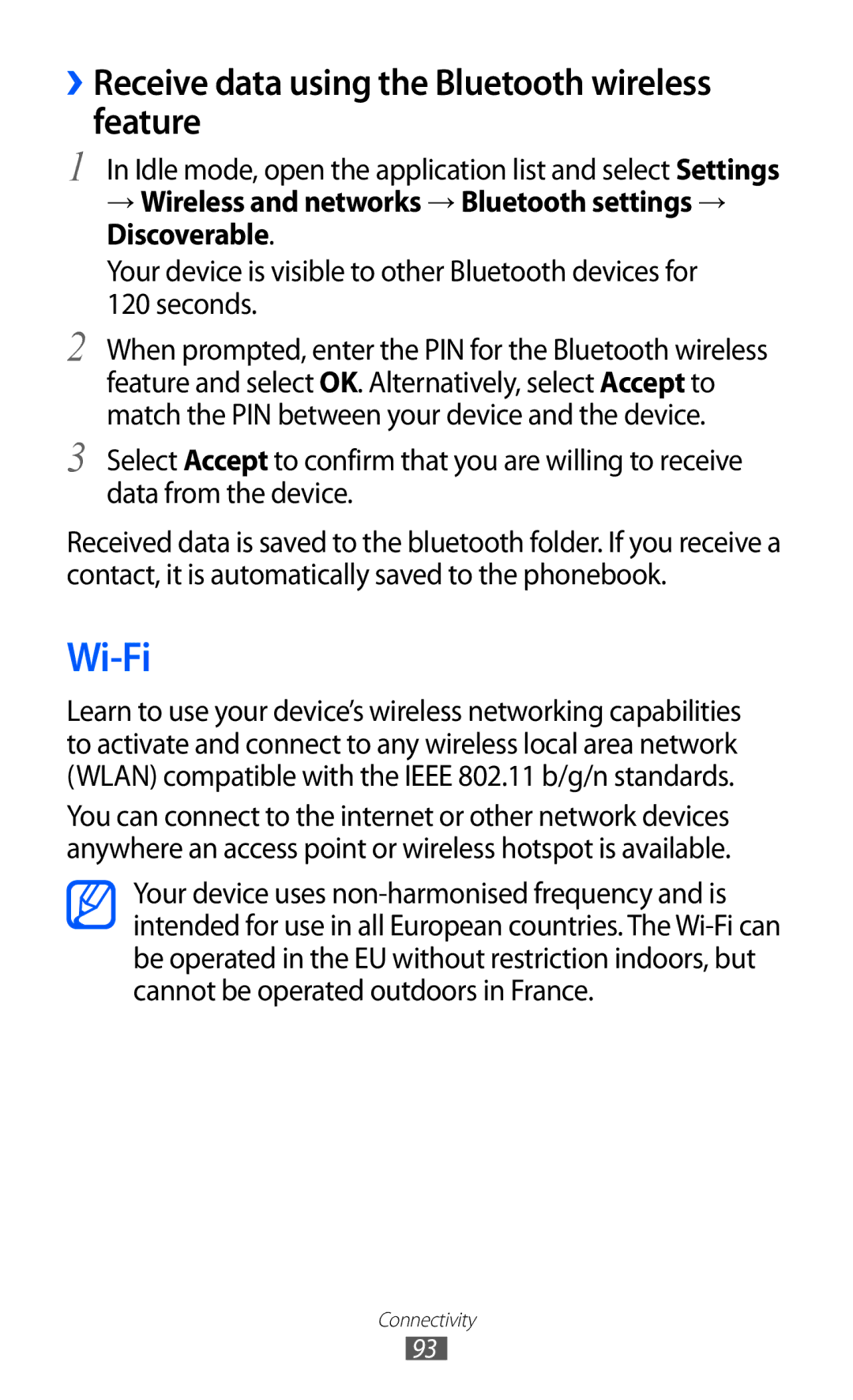 Samsung GT-S6102SKAXEH, GT-S6102UWATUR, GT-S6102SKAATO manual Wi-Fi, ››Receive data using the Bluetooth wireless feature 