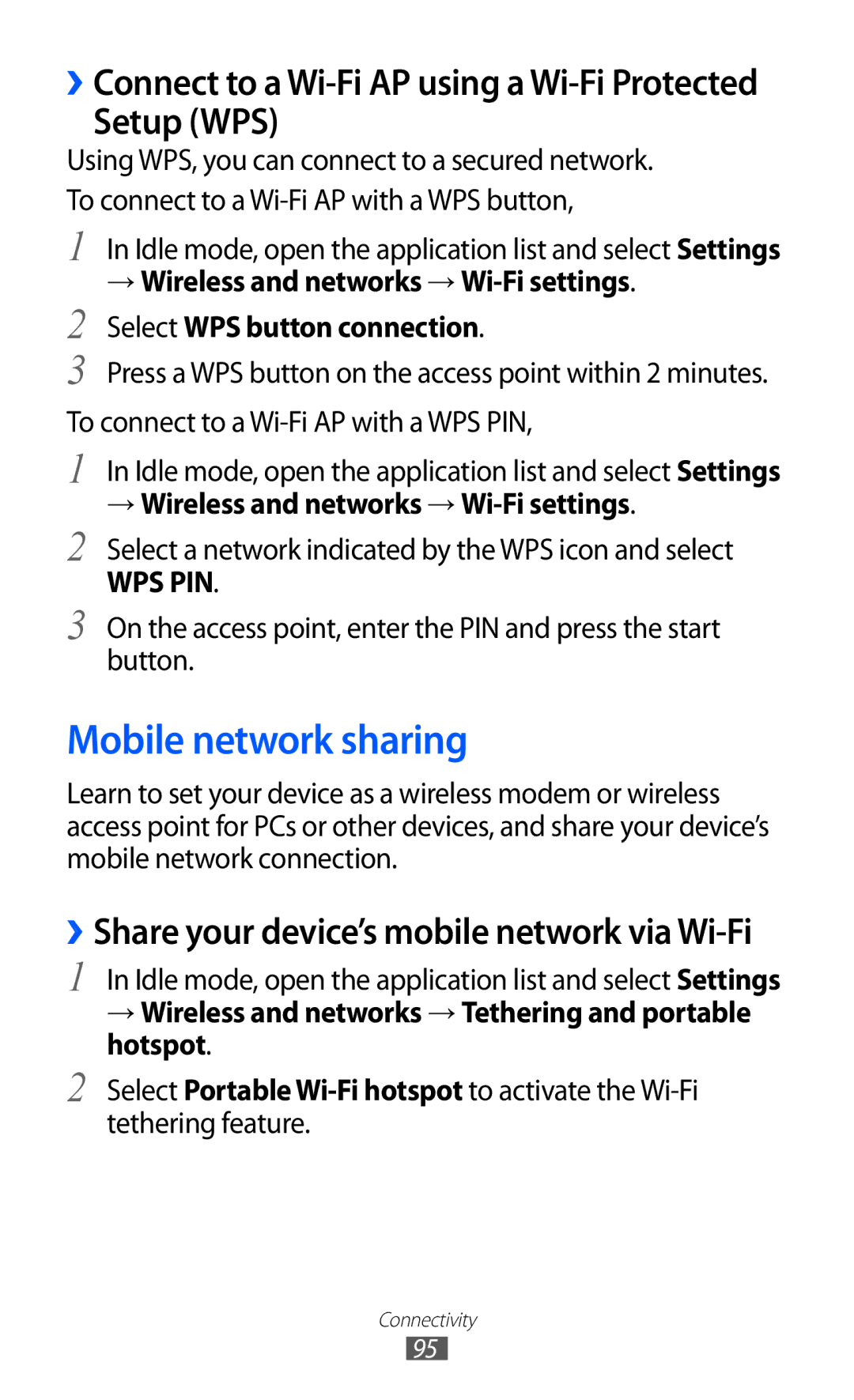 Samsung GT-S6102SKASUN manual Mobile network sharing, Setup WPS, Select a network indicated by the WPS icon and select 