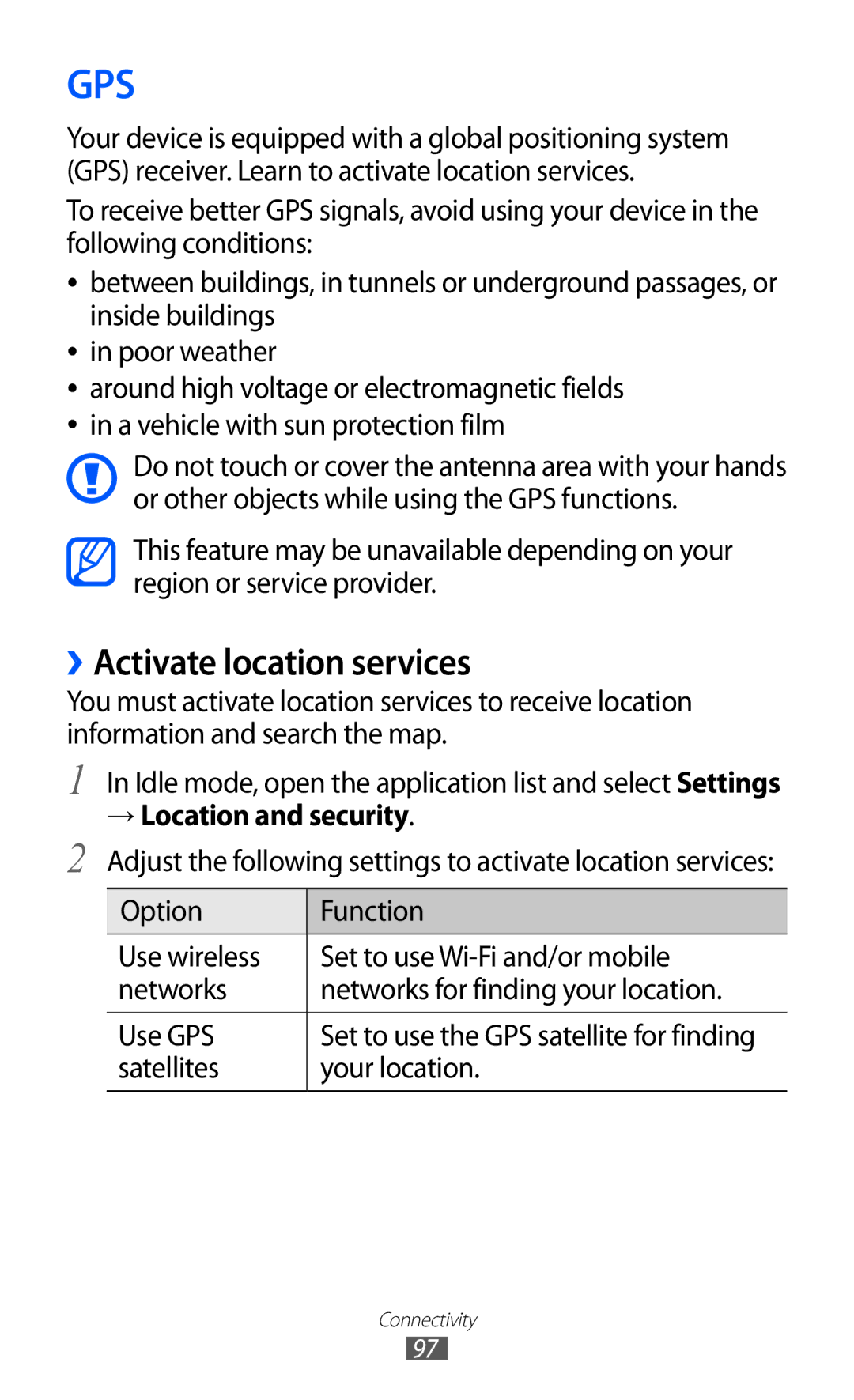 Samsung GT-S6102UWAAUT, GT-S6102UWATUR ››Activate location services, → Location and security, Satellites Your location 