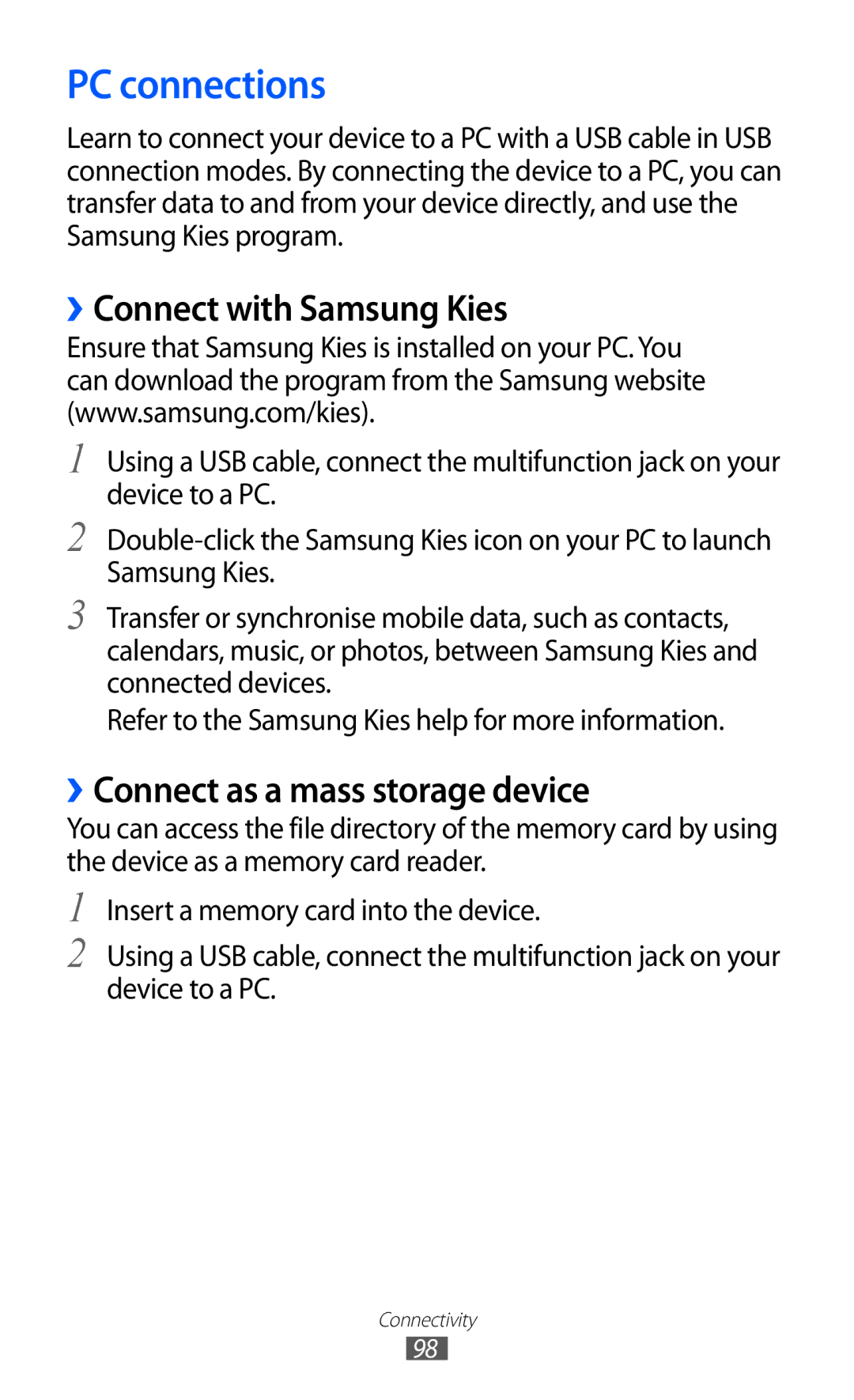 Samsung GT2S6102SKAXEH, GT-S6102UWATUR PC connections, ››Connect with Samsung Kies, ››Connect as a mass storage device 