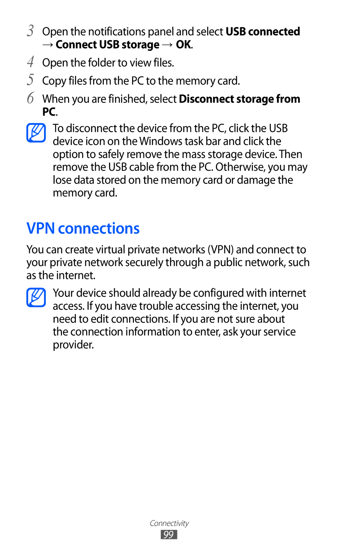 Samsung GT-S6102SKASVZ, GT-S6102UWATUR manual VPN connections, Open the notifications panel and select USB connected 