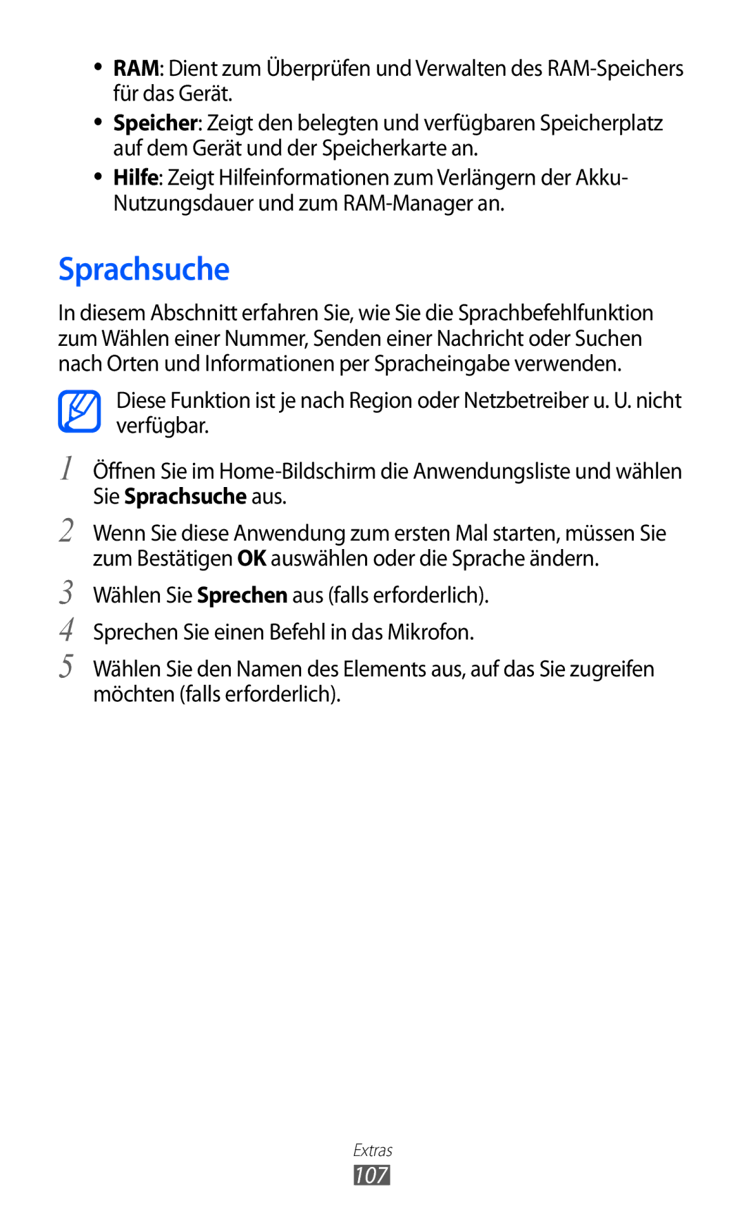 Samsung GT-S6102SKAEUR, GT-S6102UWATUR, GT-S6102SKAATO, GT-S6102SKATMN, GT-S6102SKADBT, GT-S6102UWADBT manual Sprachsuche, 107 