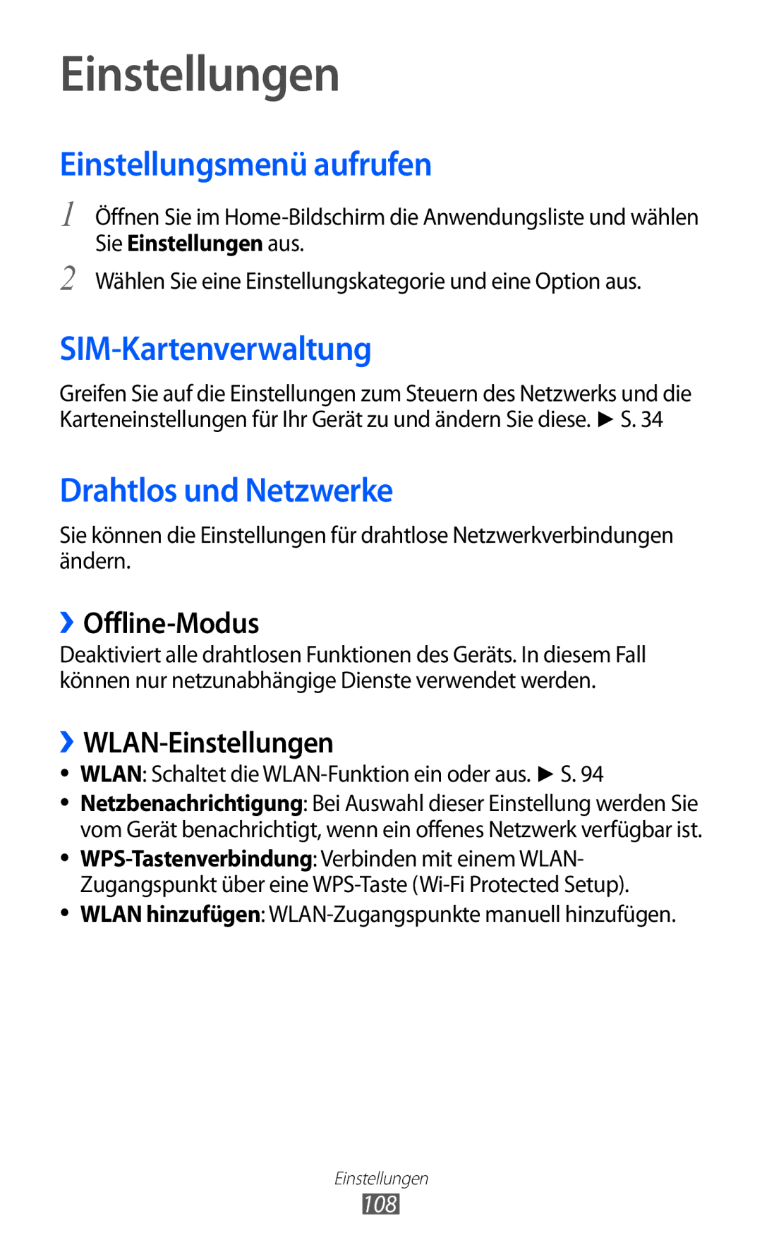 Samsung GT2S6102SKADBT manual Einstellungen, Einstellungsmenü aufrufen, SIM-Kartenverwaltung, Drahtlos und Netzwerke 