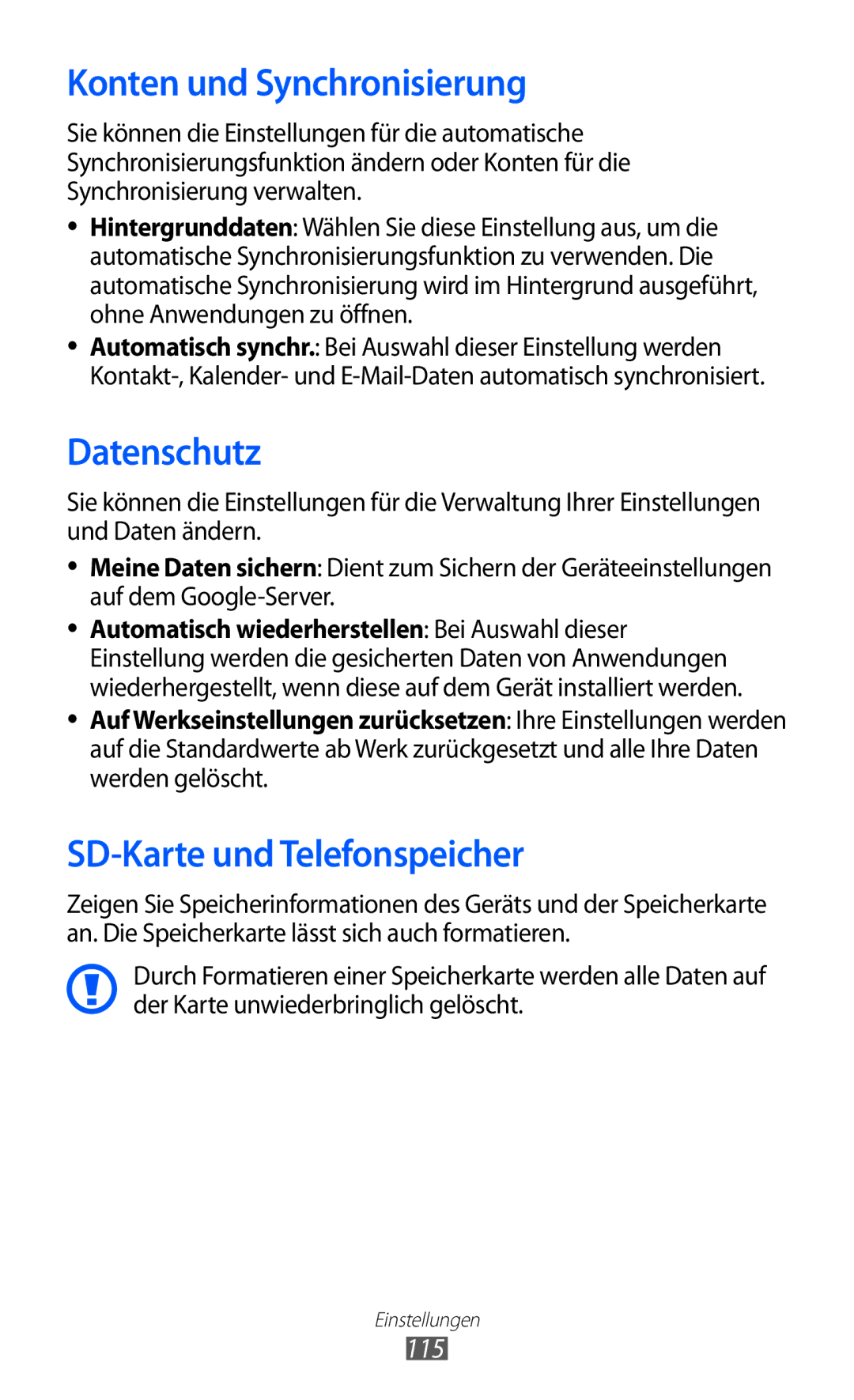 Samsung GT-S6102SKATUR, GT-S6102UWATUR manual Konten und Synchronisierung, Datenschutz, SD-Karte und Telefonspeicher, 115 