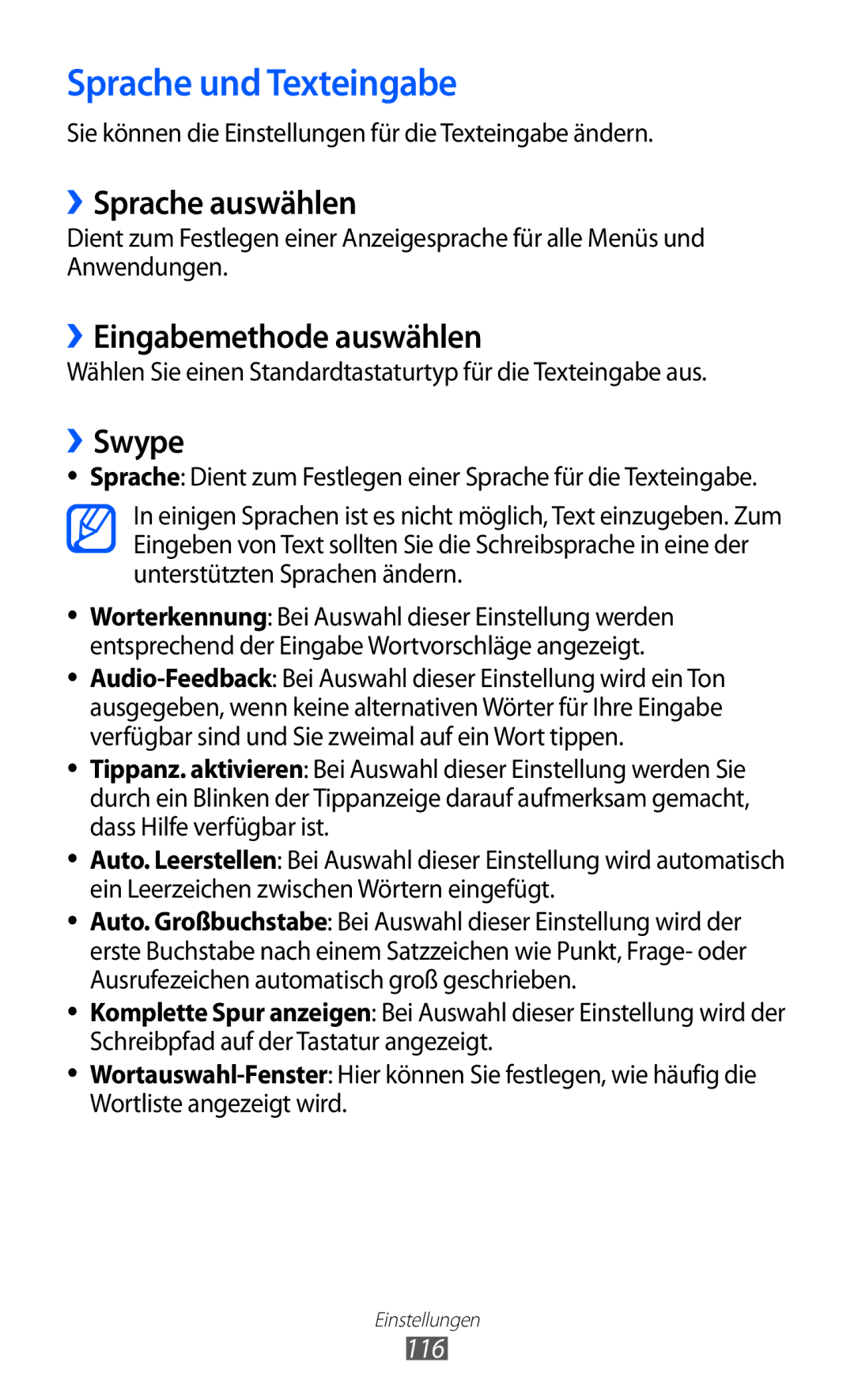 Samsung GT-S6102TKADBT manual Sprache und Texteingabe, ››Sprache auswählen, ››Eingabemethode auswählen, ››Swype, 116 